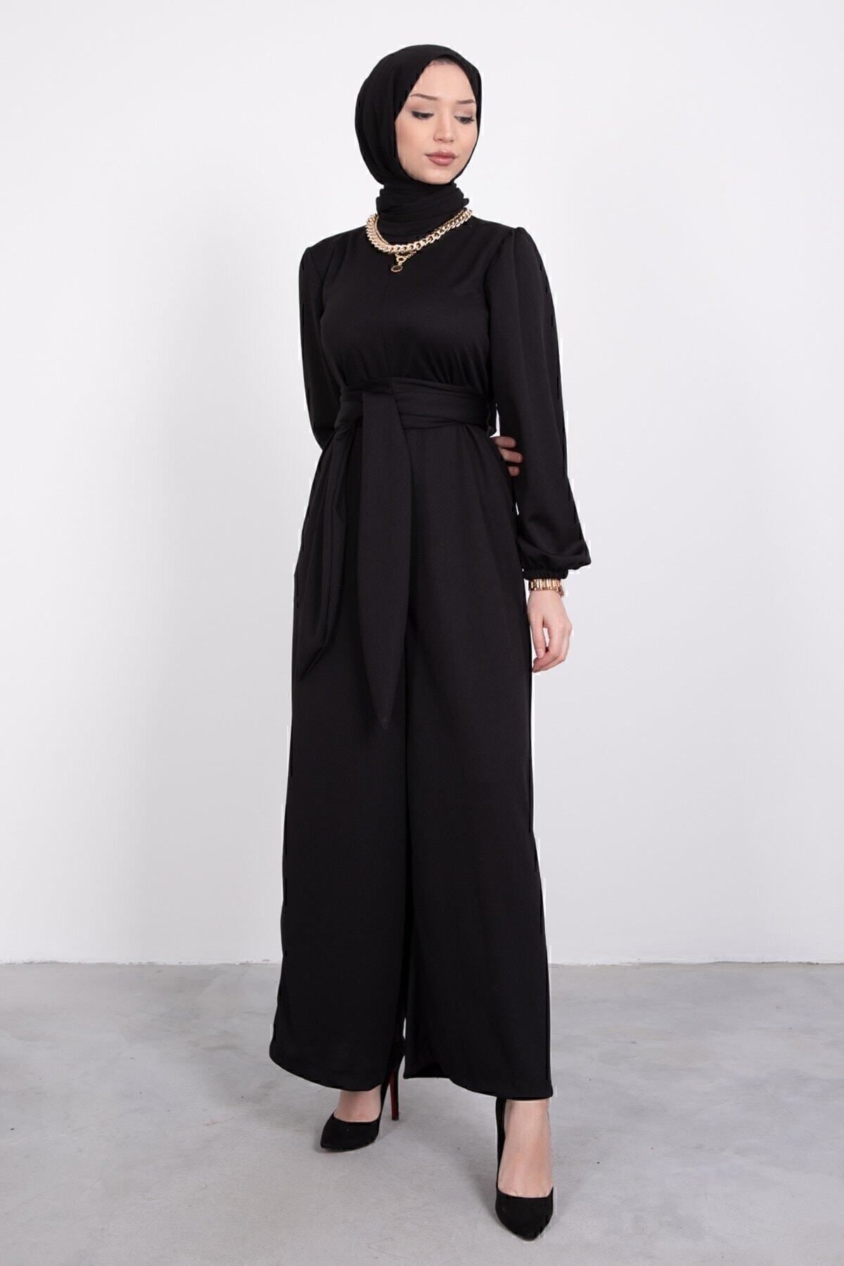 ÇLM STORE Geniş Kuşak Dolamalı Tesettür Tulum Siyah görsel 5