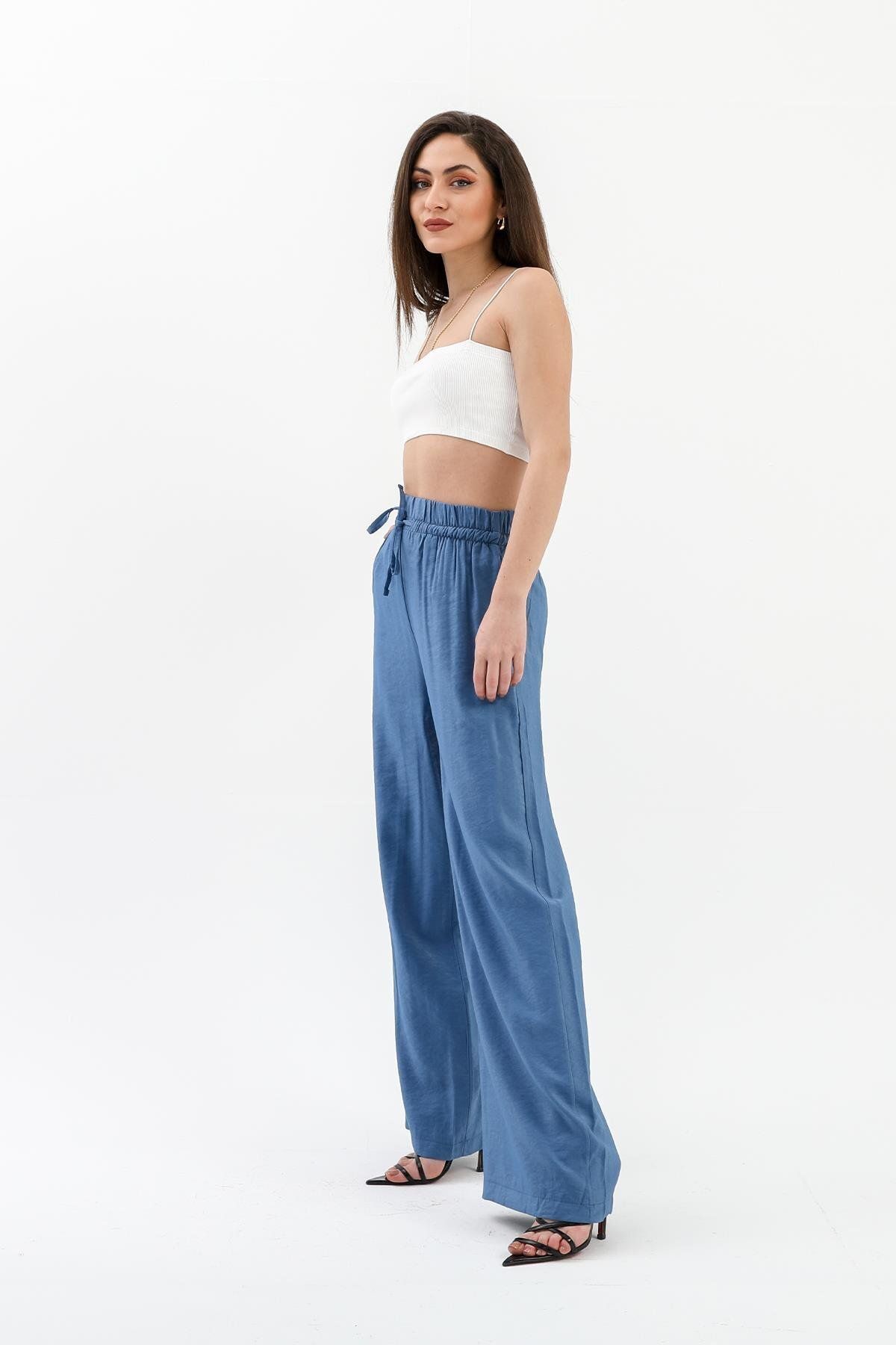 VAPUR TEKSTİL-Indigo - Shiny Linen Trousers with Pockets and Elastic Waist 3