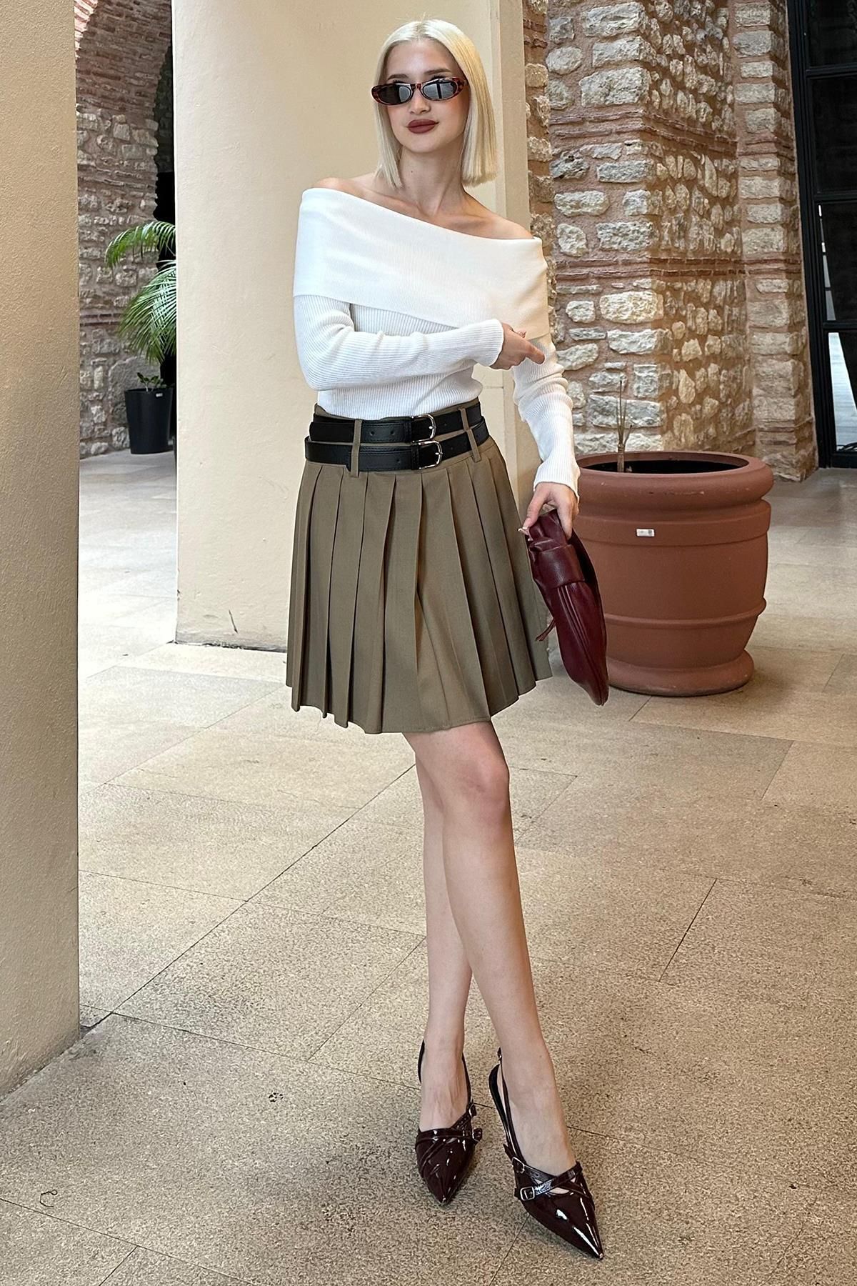 Madmext-Beige Pleated Two Belted Women's Skirt Mg2246 3