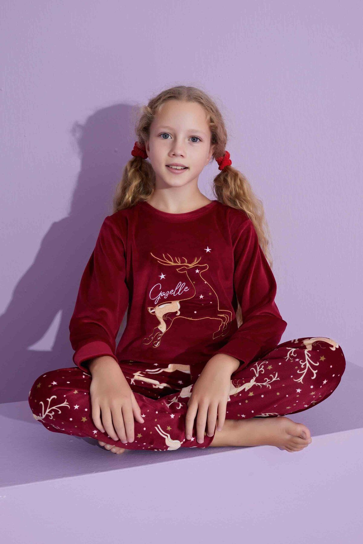 Mutlu City-New Season Trend Model Velvet Mother/Daughter Pajamas Set 2776-Burgundy 3