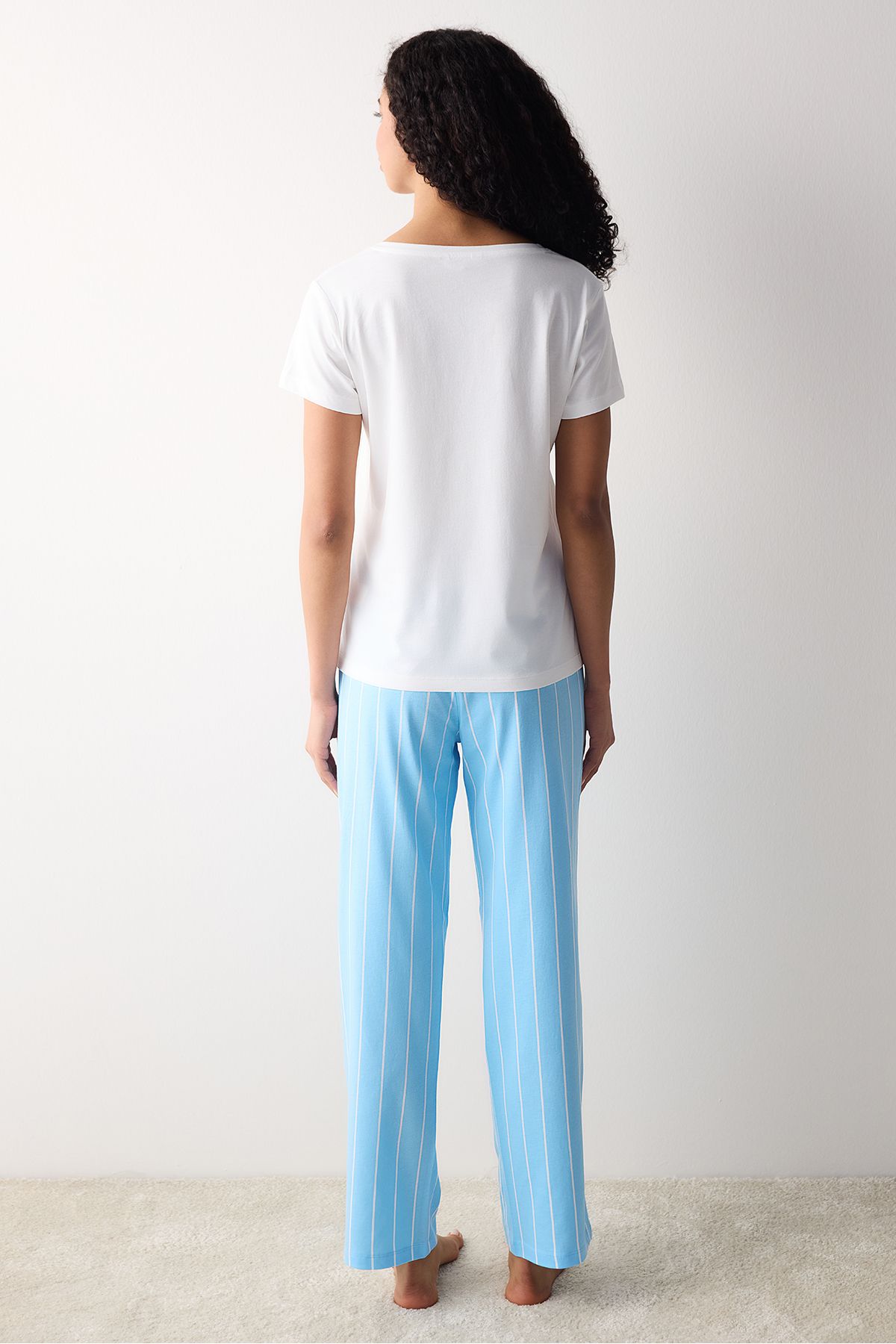 Penti-Set pijama pantaloni albaștri cu dungi de lavandă din bumbac 4