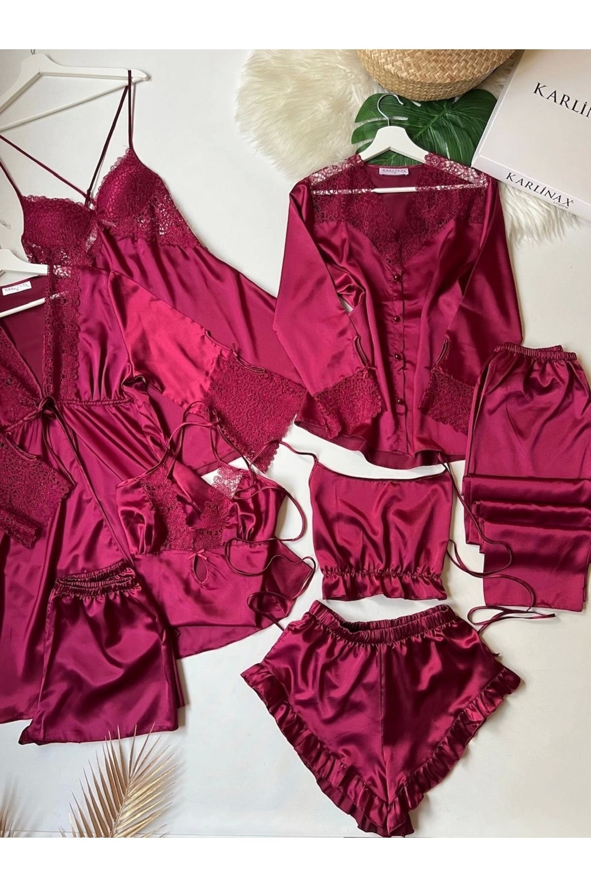 KARLİNAX İpeksi Saten Bordo Dev 8 Parça Gecelik Sabahlık Pijama Çeyiz Seti