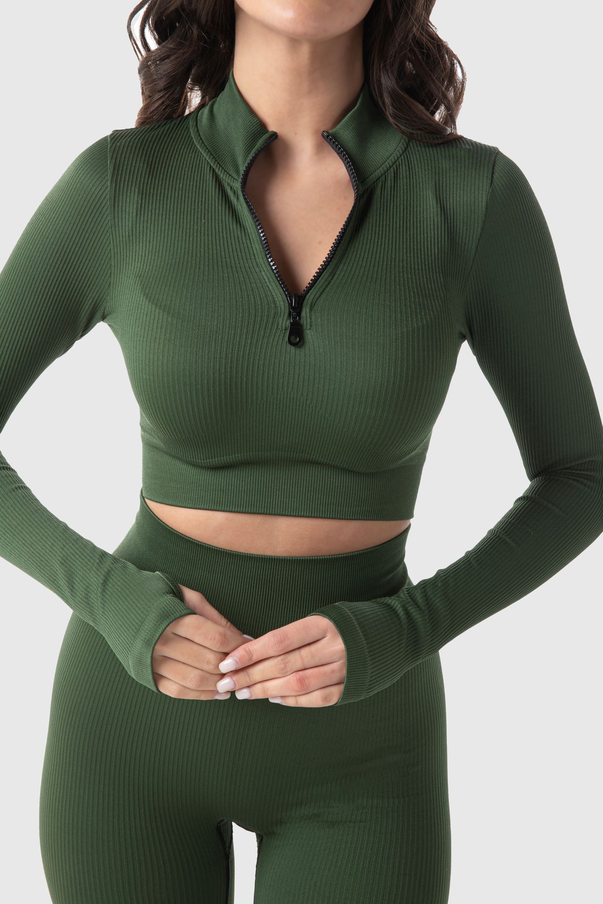 MODANTY-Green Women's Sports Set - High Waist Leggings, Zippered Crop Top, Gathering Seamless Outfit 1