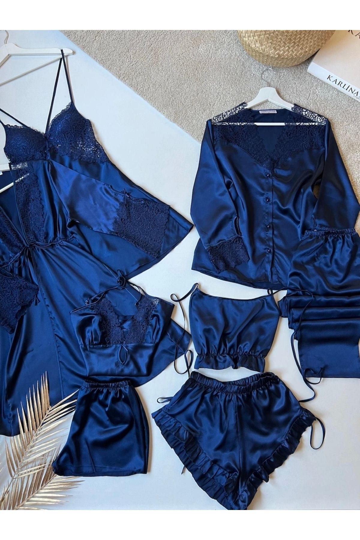KARLİNAX İpeksi Saten Lacivert Dev 8 Parça Gecelik Sabahlık Pijama Çeyiz Seti