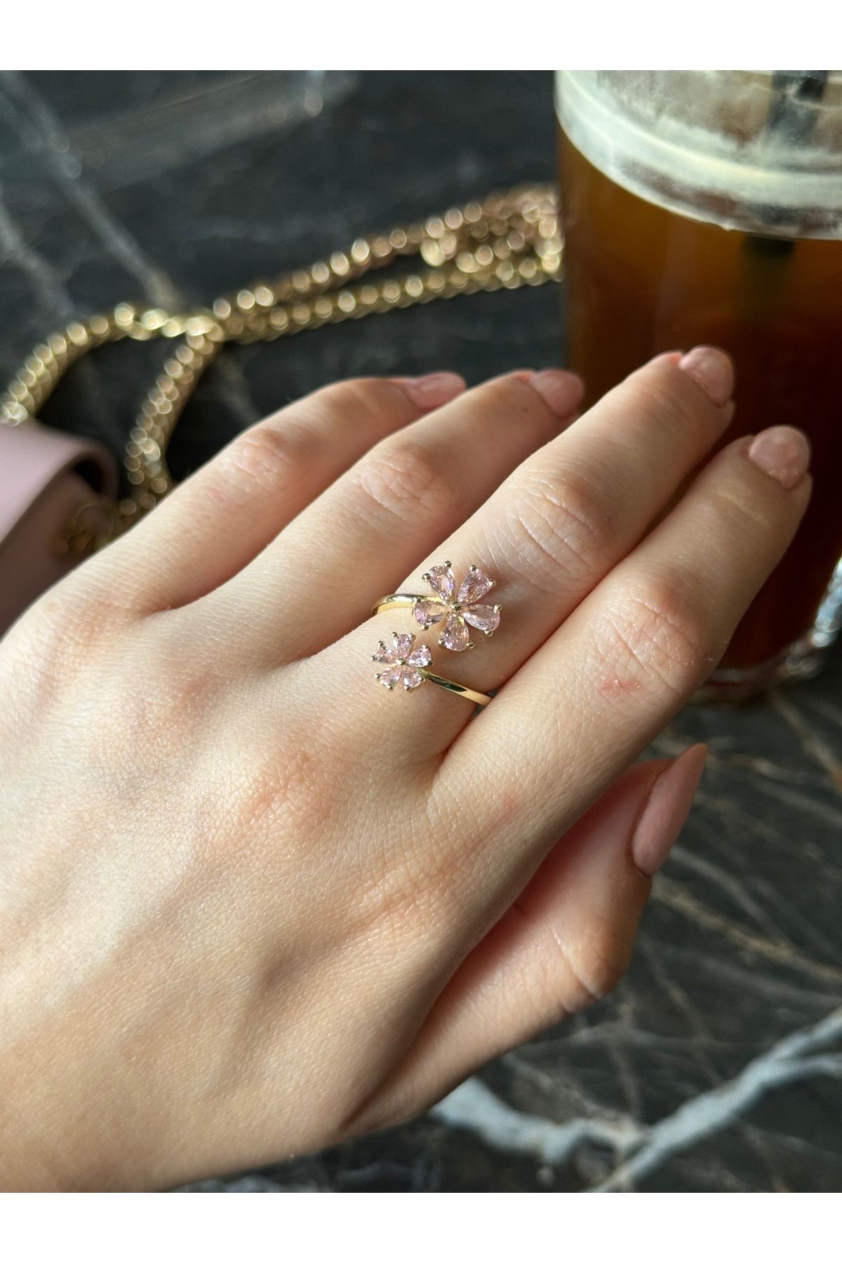 Ephyra-Adjustable Gold Color Pink Stone Flower Ring 4