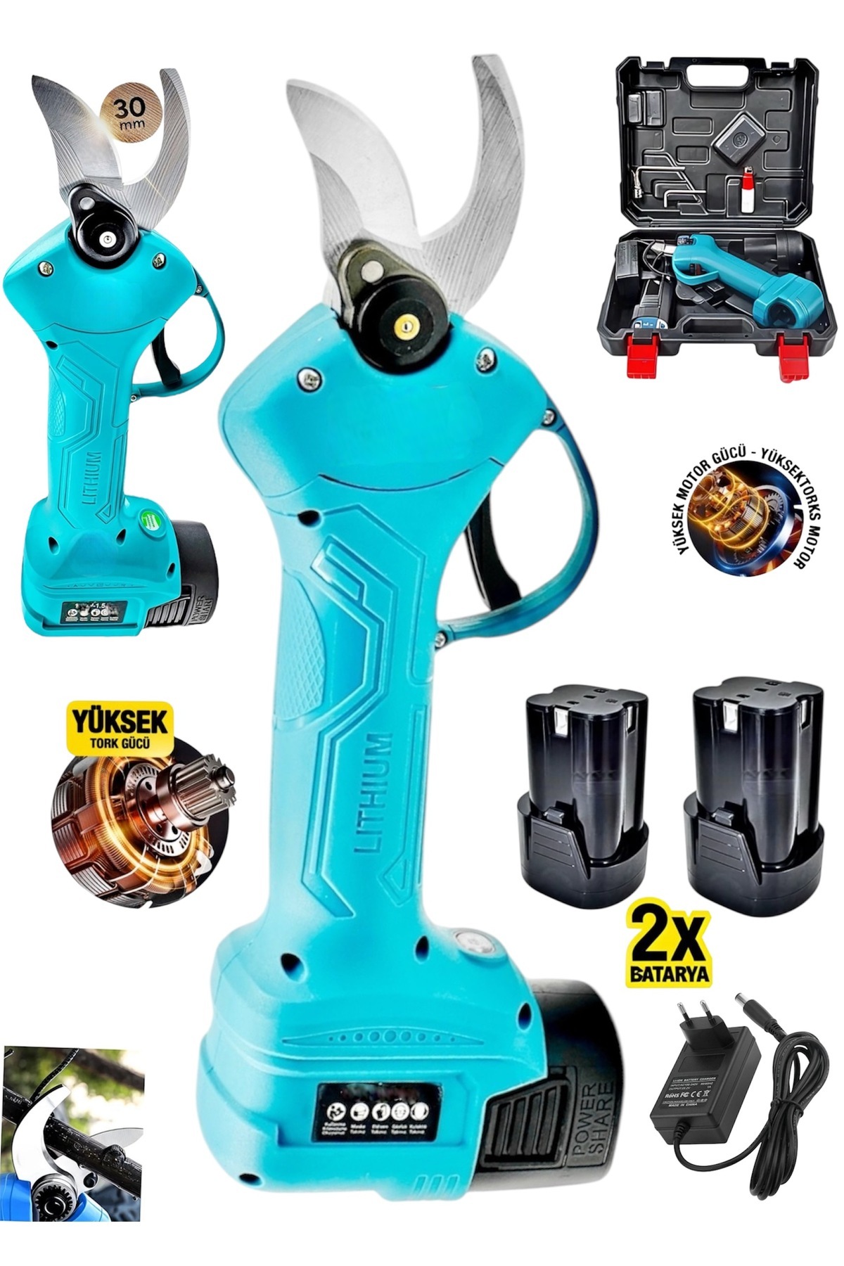 Germany Steel İTALY 4800 Rpm Şarjlı Bakır Çift Akülü Dal Budama Bağ Makası Çelik Şanzuman Paslanmaz Bıçak