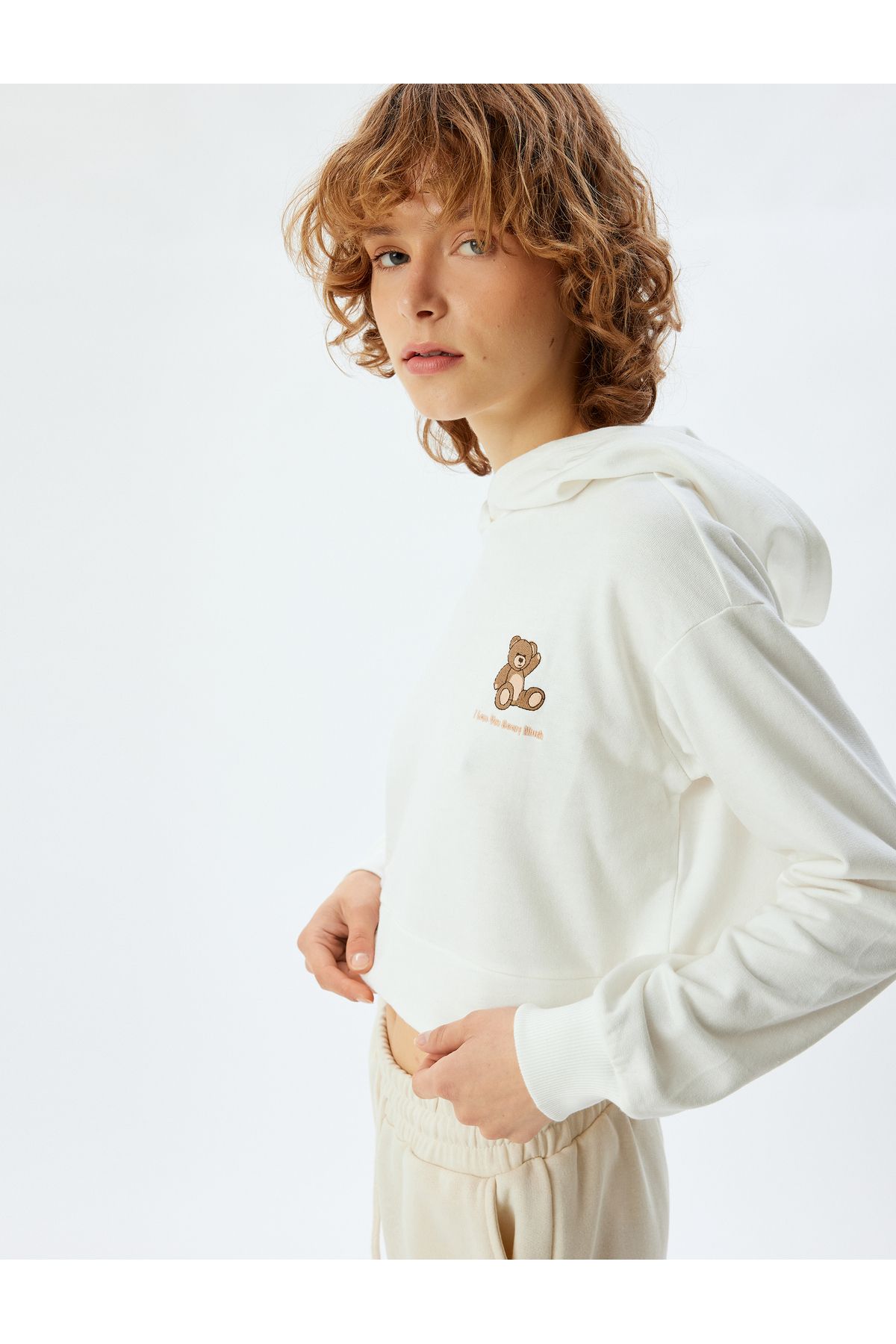 Koton-Cotton Crop Sweatshirt - Hooded and Teddy Bear Embroidered, Three Thread Pajamas Top 1