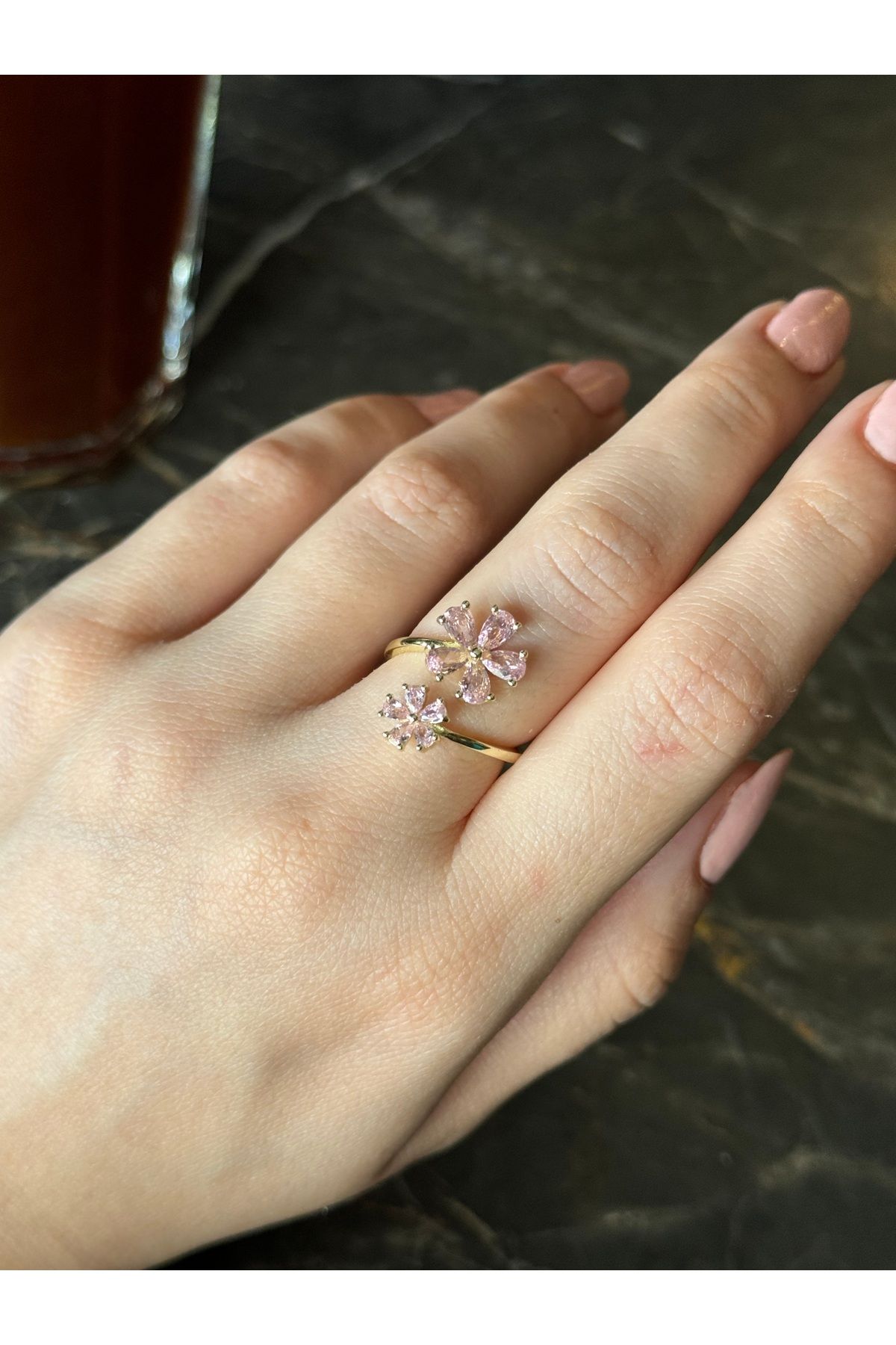 Ephyra-Adjustable Gold Color Pink Stone Flower Ring 3