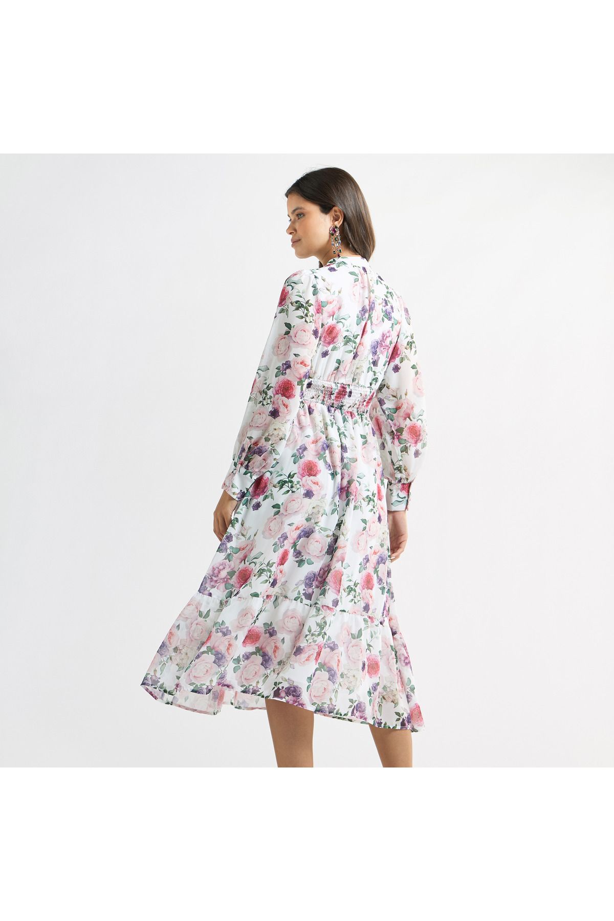 FAV-All-Over Floral Print A-line Dress with Seersucker Detail and Mandarin Collar 3