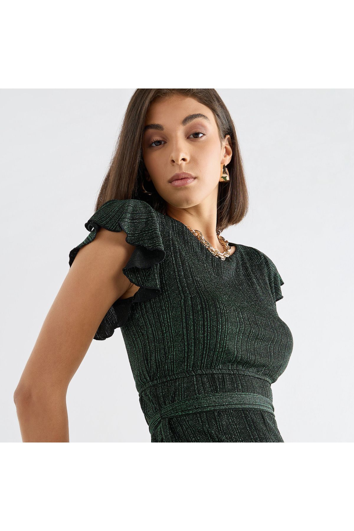 FAV-Textured Midi Dress with Flutter Sleeves and Tie-Up Belt 4