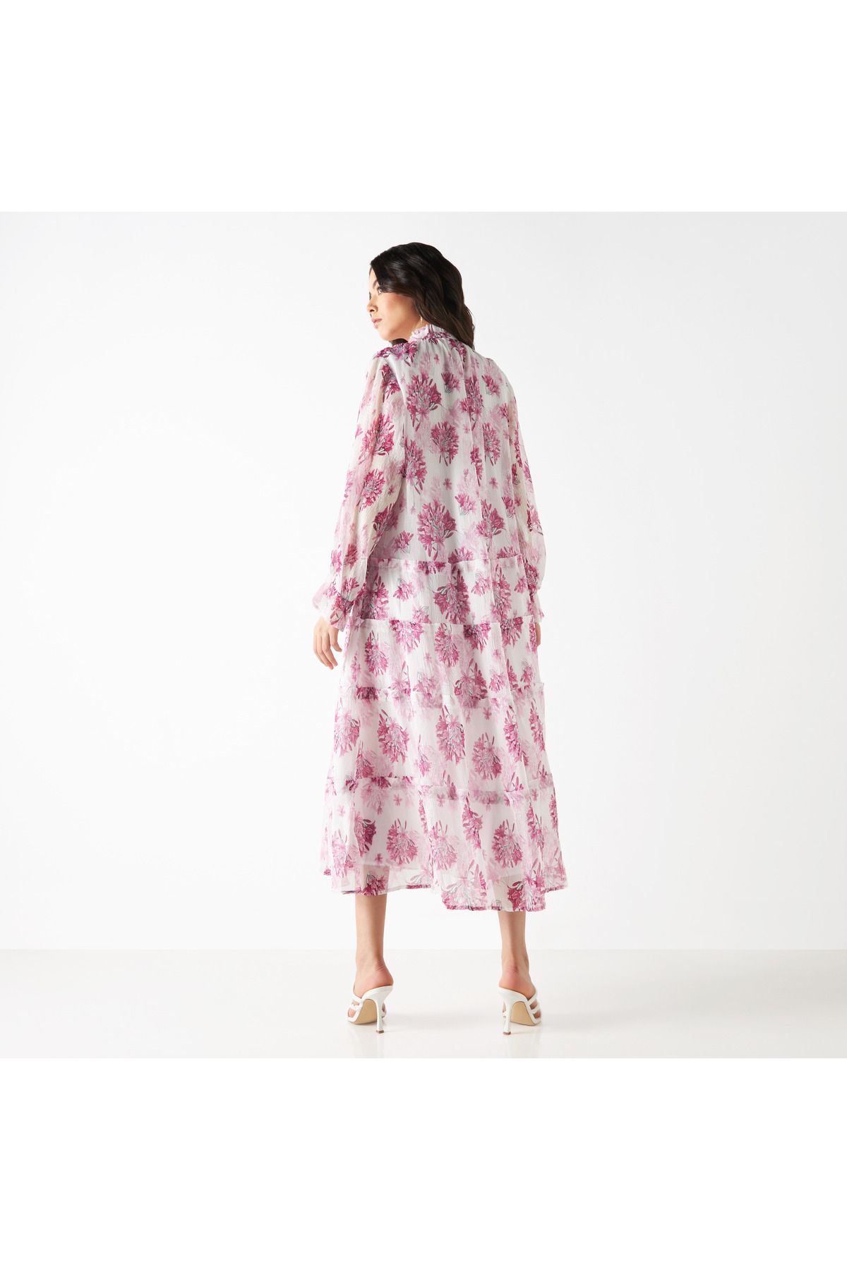 Iconic-All-Over Floral Print Tiered Dress with Long Sleeves and Neck Tie-Ups 2