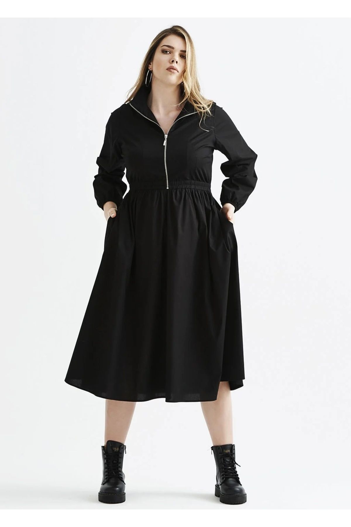 EVEN plus size-Black Long Sleeve Poplin Plus Size Dress 1