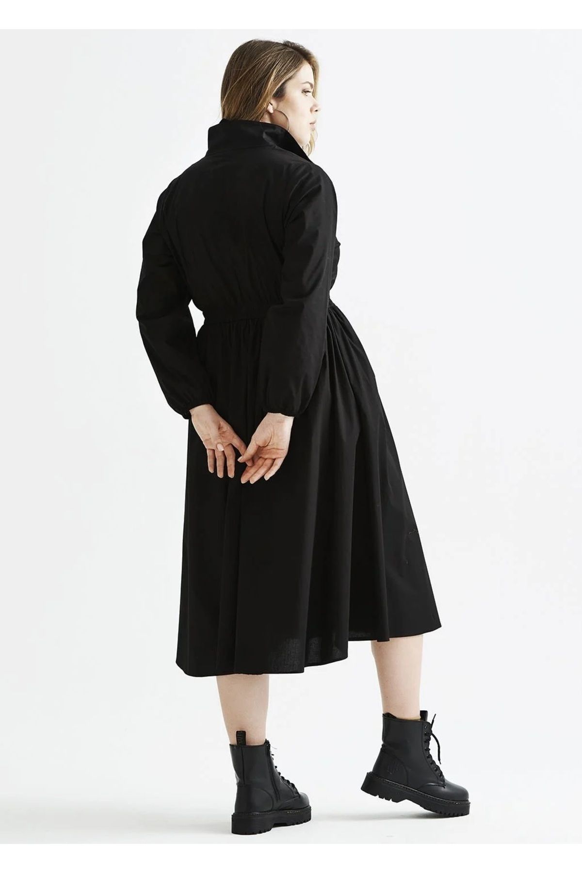 EVEN plus size-Black Long Sleeve Poplin Plus Size Dress 5