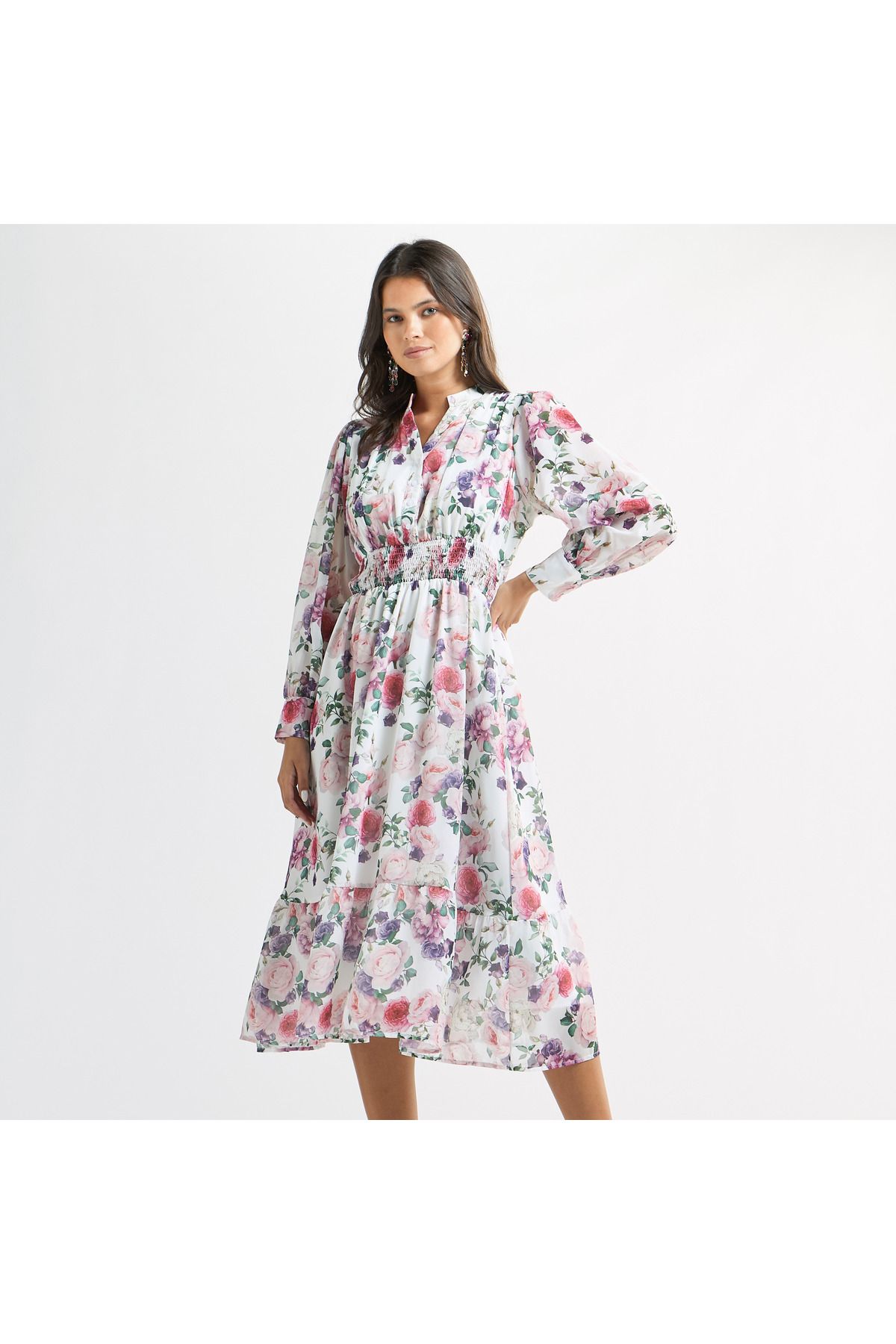 FAV-All-Over Floral Print A-line Dress with Seersucker Detail and Mandarin Collar 1