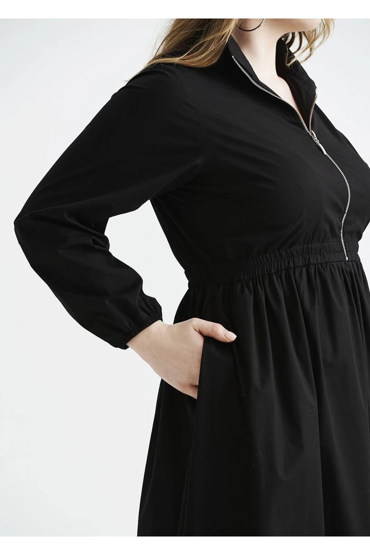 EVEN plus size-Black Long Sleeve Poplin Plus Size Dress 3