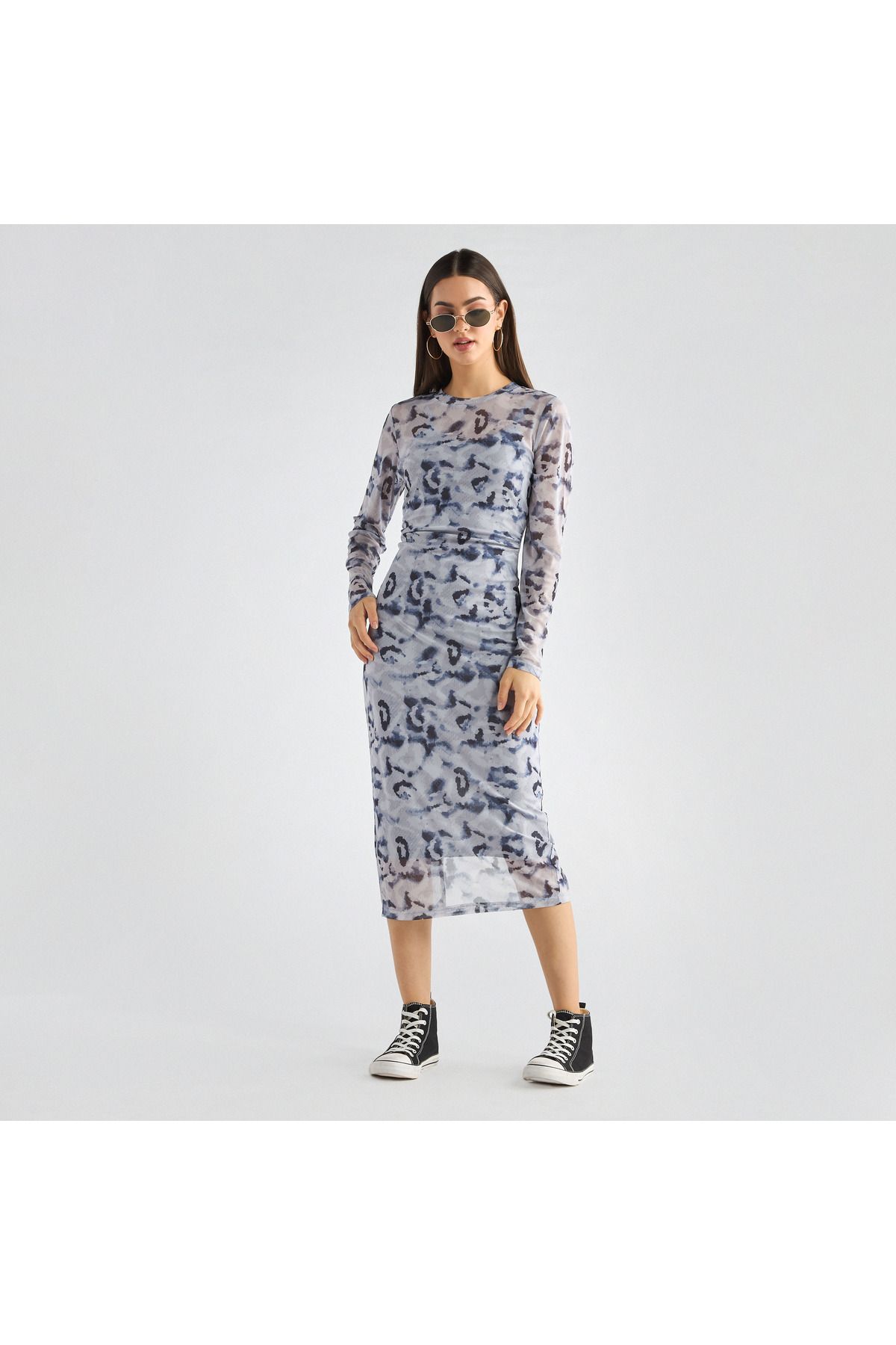 FAV-Printed Bodycon Dress with Long Sleeves and Slit Detail 1