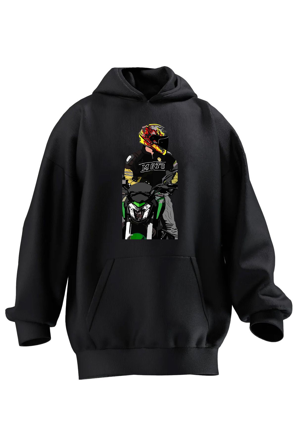 NMG TEKSTİL Unisex Premium Pamuk Siyah  Moto Mont Kask Baskılı 3 İplik Kapüşonlu Sweatshirt