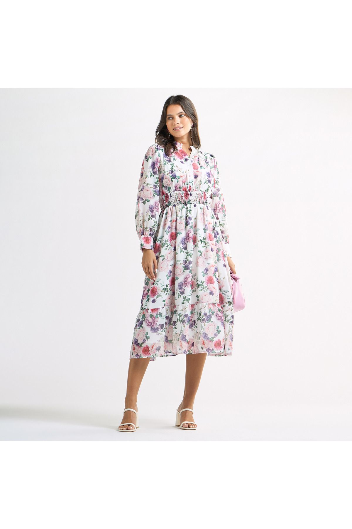 FAV-All-Over Floral Print A-line Dress with Seersucker Detail and Mandarin Collar 2