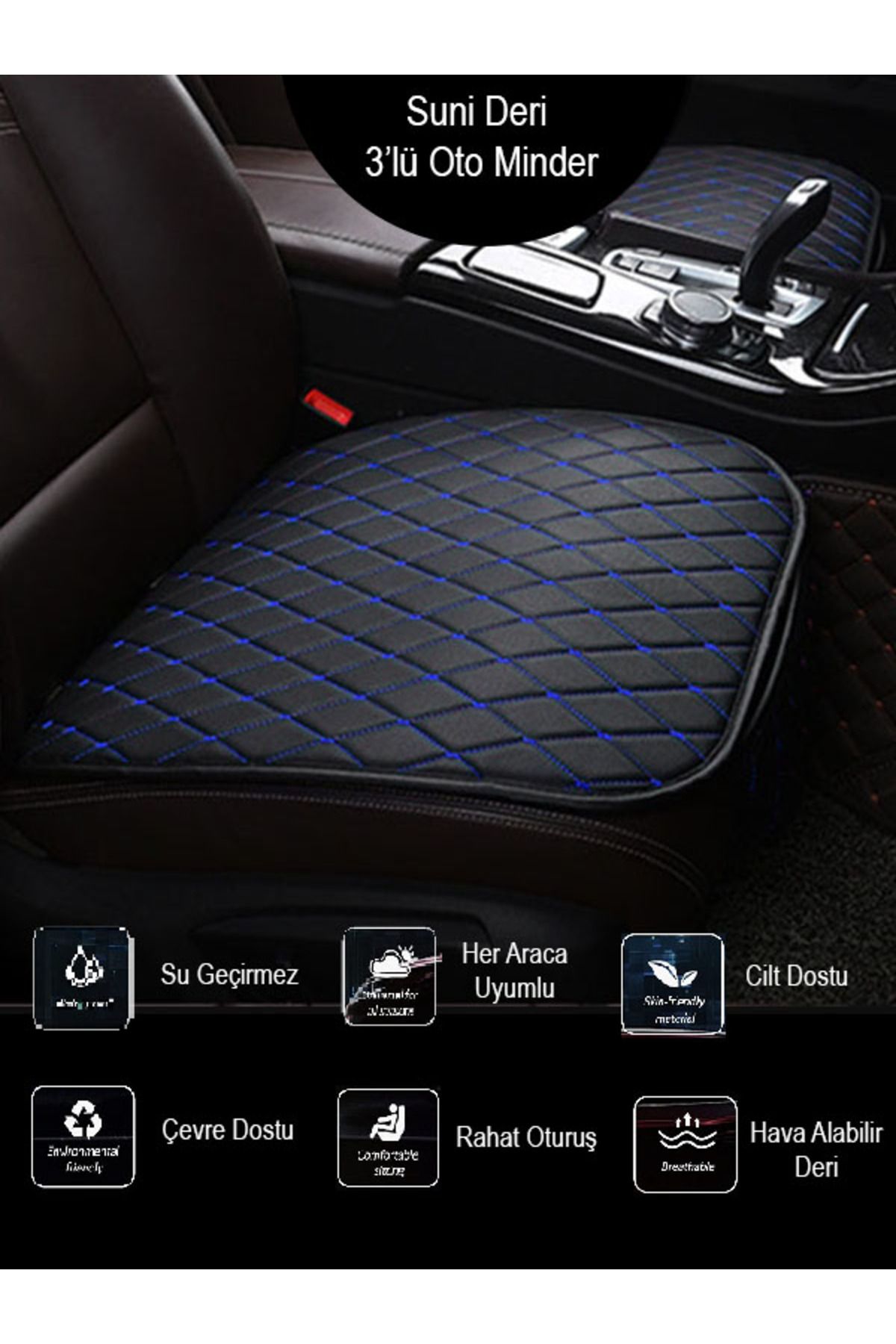 ASİL TİCARET-Smart Roadstar Black Faux Leather Blue Seat Cushion Cover - Front and Back Set 1