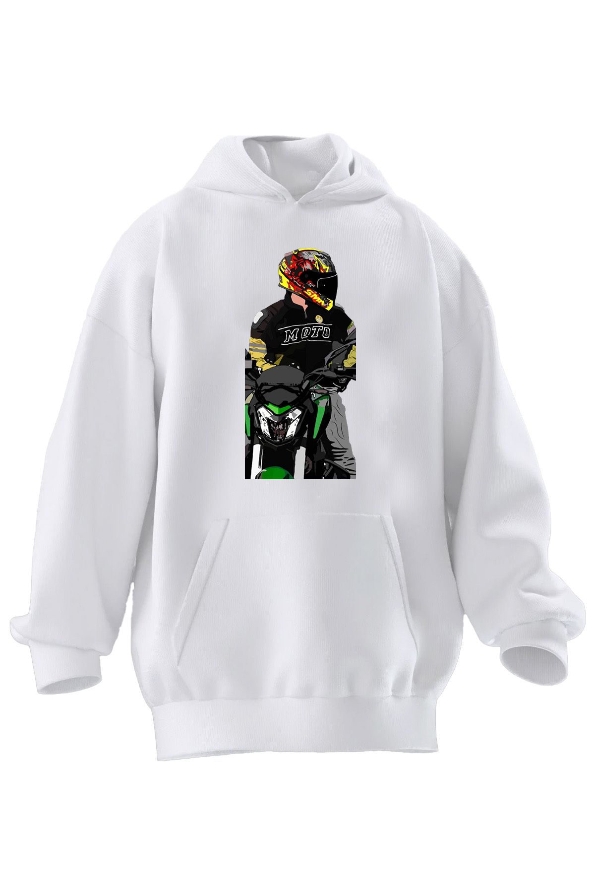 NMG TEKSTİL Unisex Premium Pamuk Beyaz  Moto Mont Kask Baskılı 3 İplik Kapüşonlu Sweatshirt