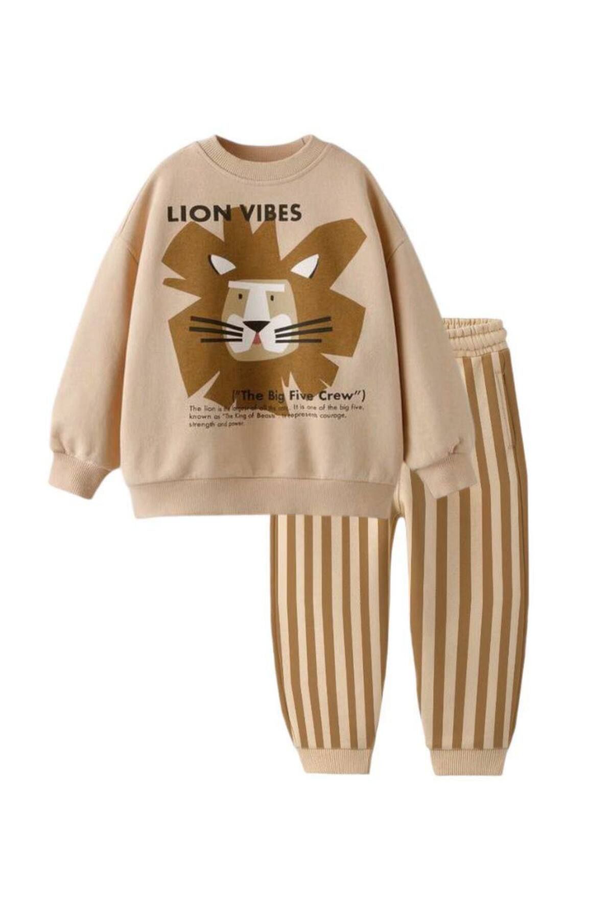 momchi-Lion Vibes Beige Kids Tracksuit Set with Lion Figure - Comfortable Wear Bottom and Top Combination 1