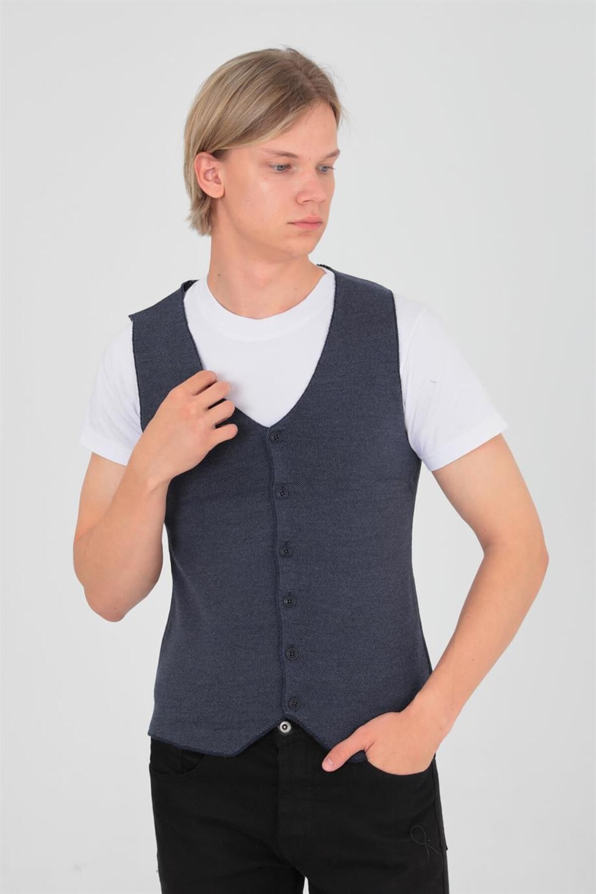 ELM WEAR-Buttoned Plain Pattern Knitwear Vest - Navy/Indigo 3