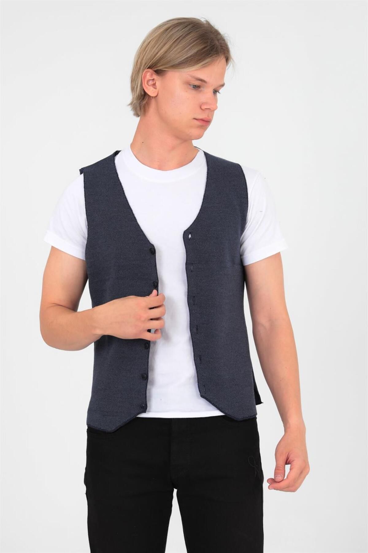 ELM WEAR-Buttoned Plain Pattern Knitwear Vest - Navy/Indigo 4