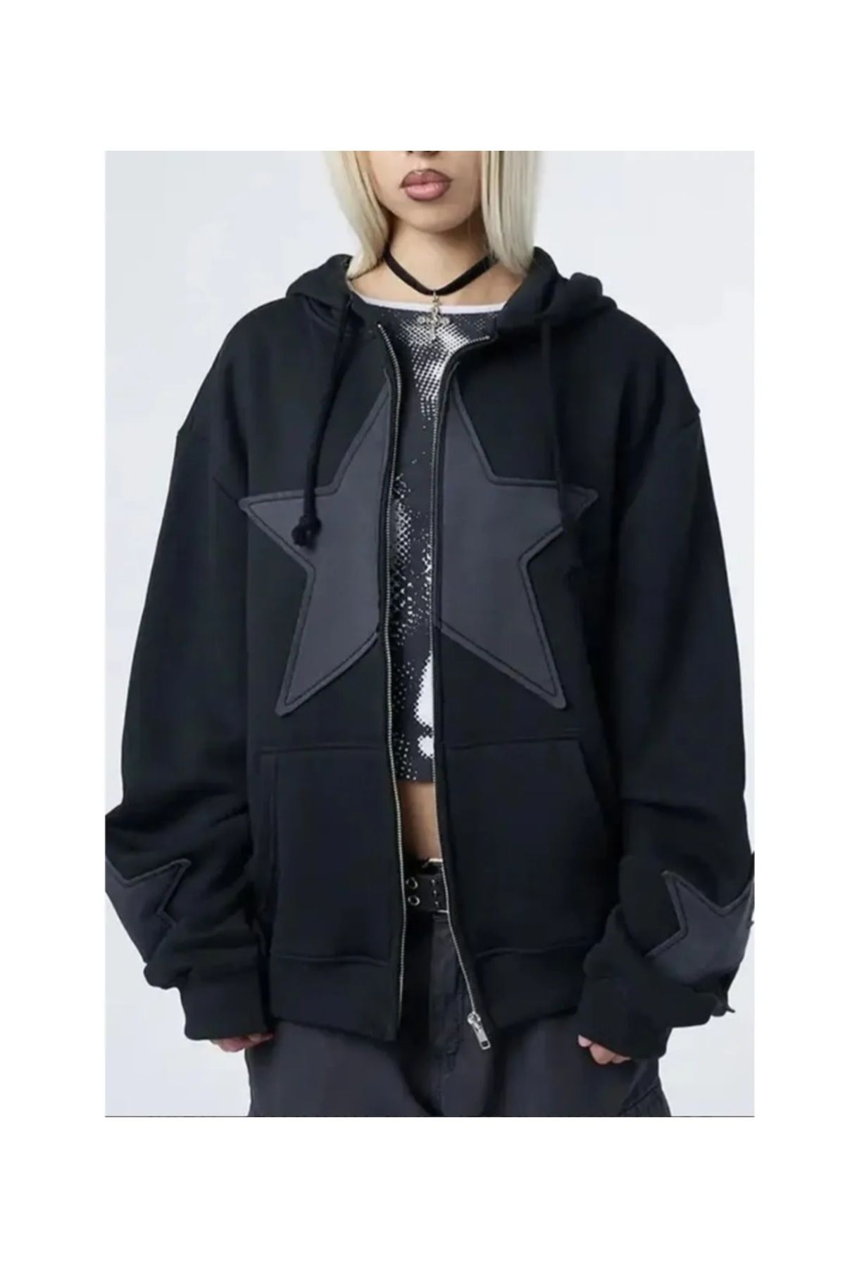 DENİKK-Yudoowear, Knitted Black Cardigan with a Star Print and a Hooded Zipper 2