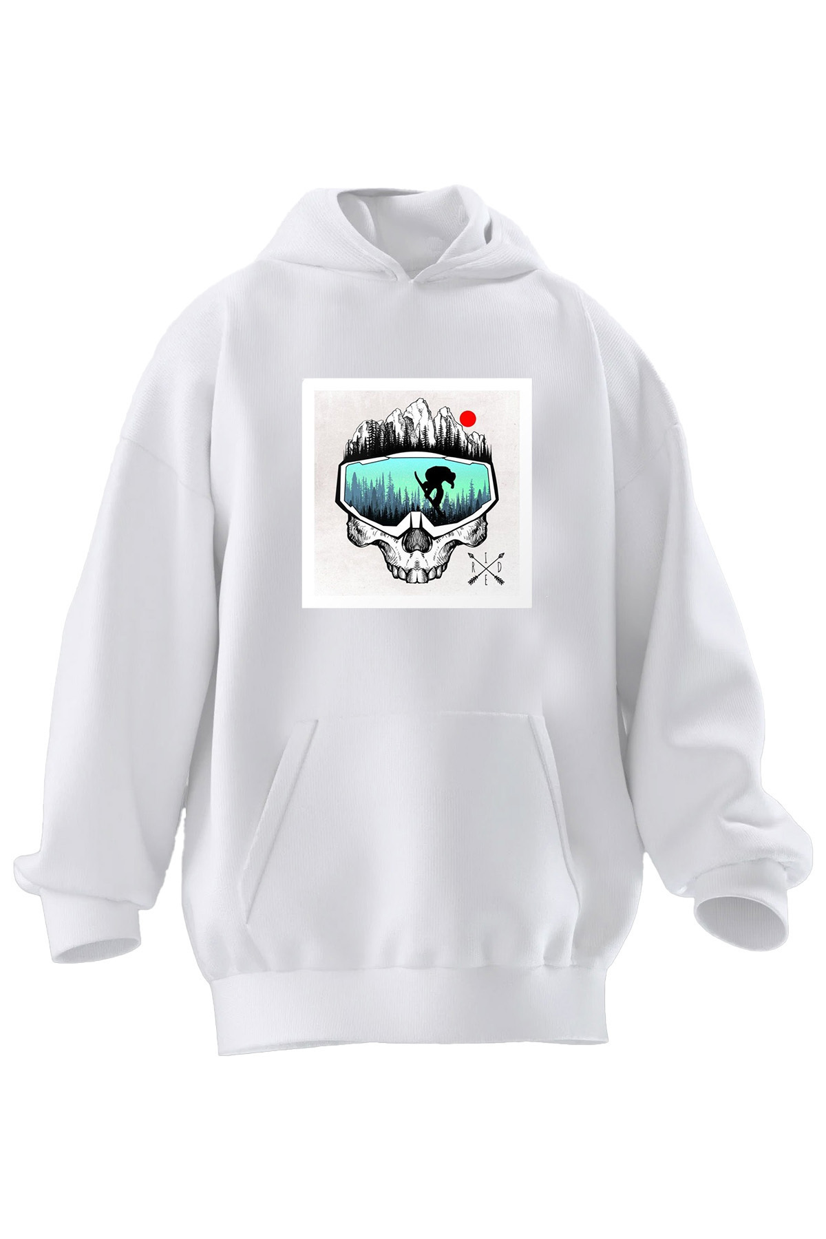 NMG TEKSTİL Unisex Premium Pamuk Beyaz  Kayakcı Gözlüğü Manzara Baskılı 3 İplik Kapüşonlu Sweatshirt