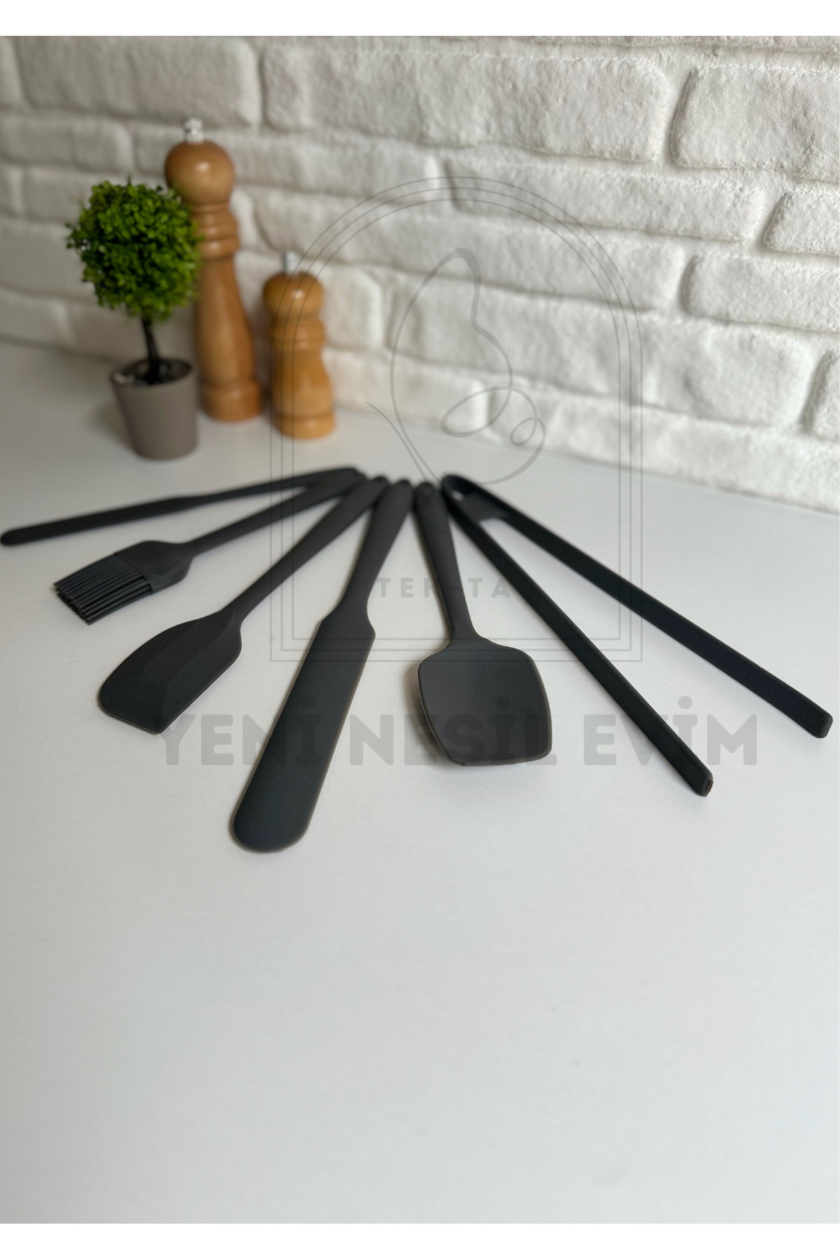 Gri 6 Parça Silikon Yanmaz Yapışmaz Spatula Maşa Kaşık Servis Seti