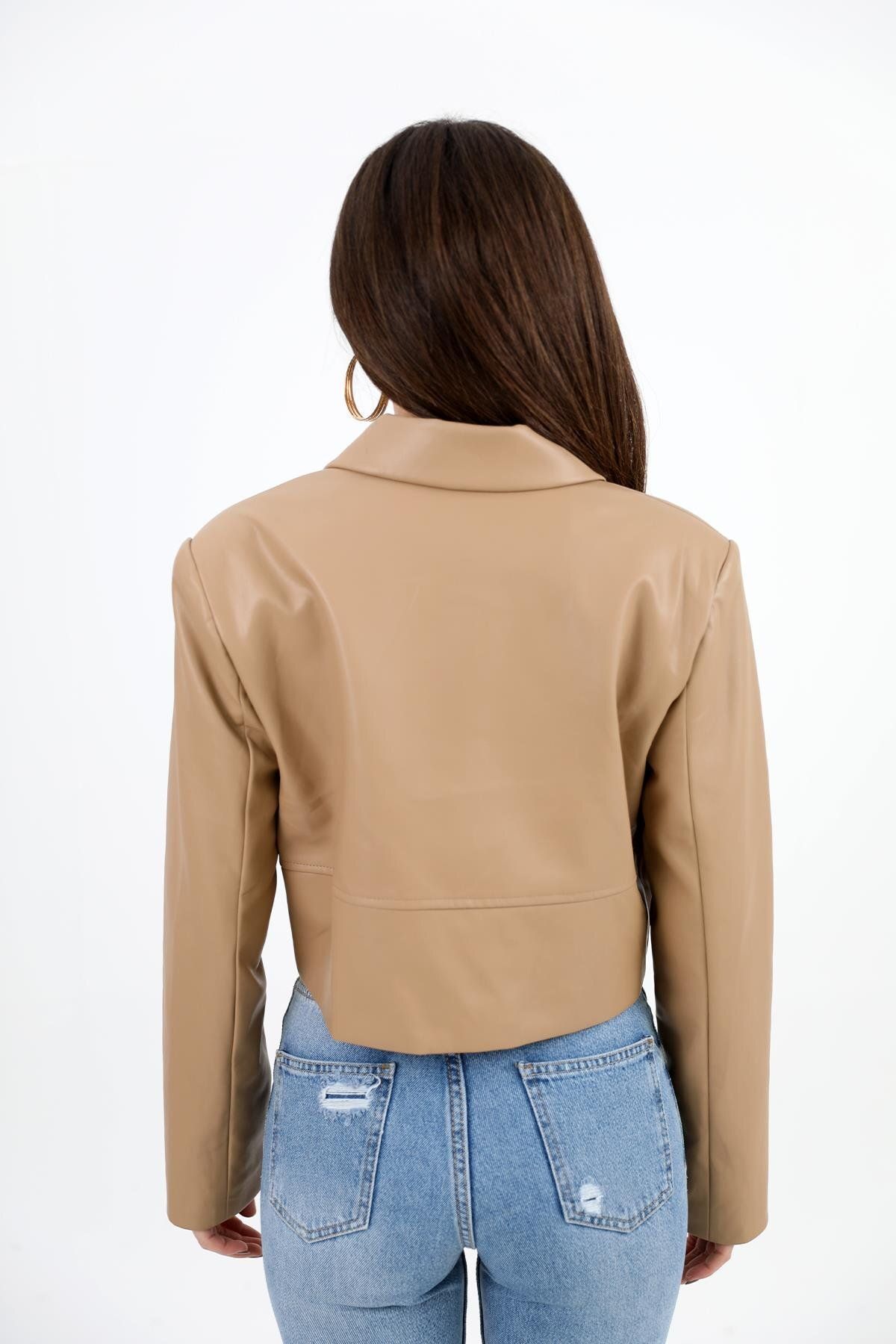 VAPUR TEKSTİL-Camel Colored Short Leather Jacket - Double Breasted Collar and Wadding Detail 6