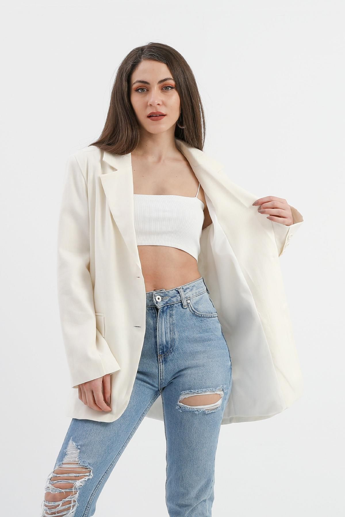 VAPUR TEKSTİL-Ecru Linen Jacket - Double Slit Back 2