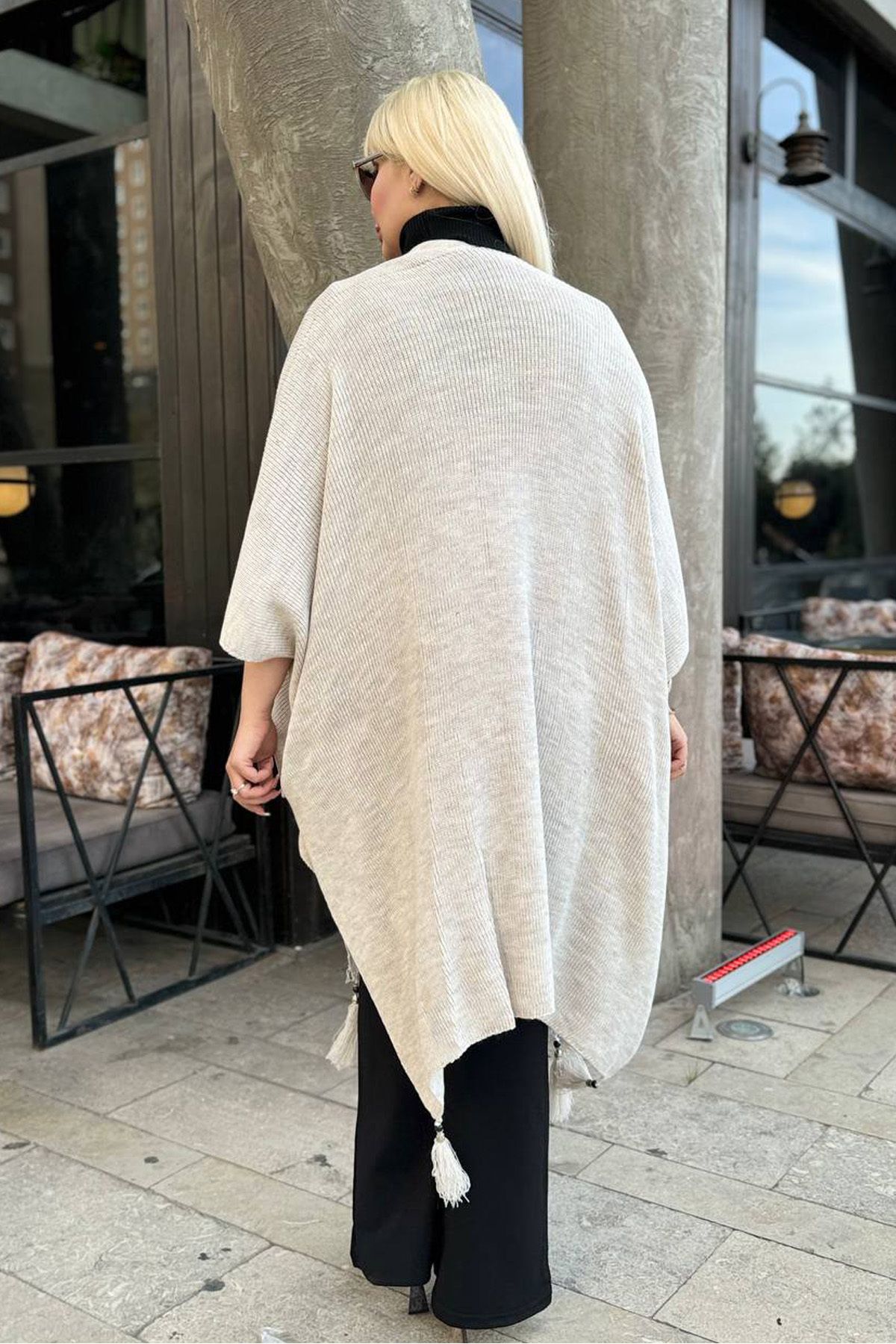 RURIS-Women's Beige Tasseled Knitwear Plus Size Poncho 8