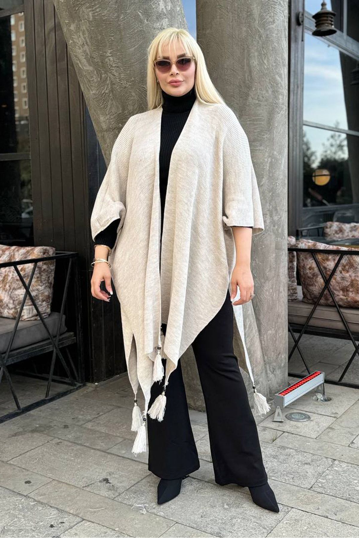 RURIS-Women's Beige Tasseled Knitwear Plus Size Poncho 4