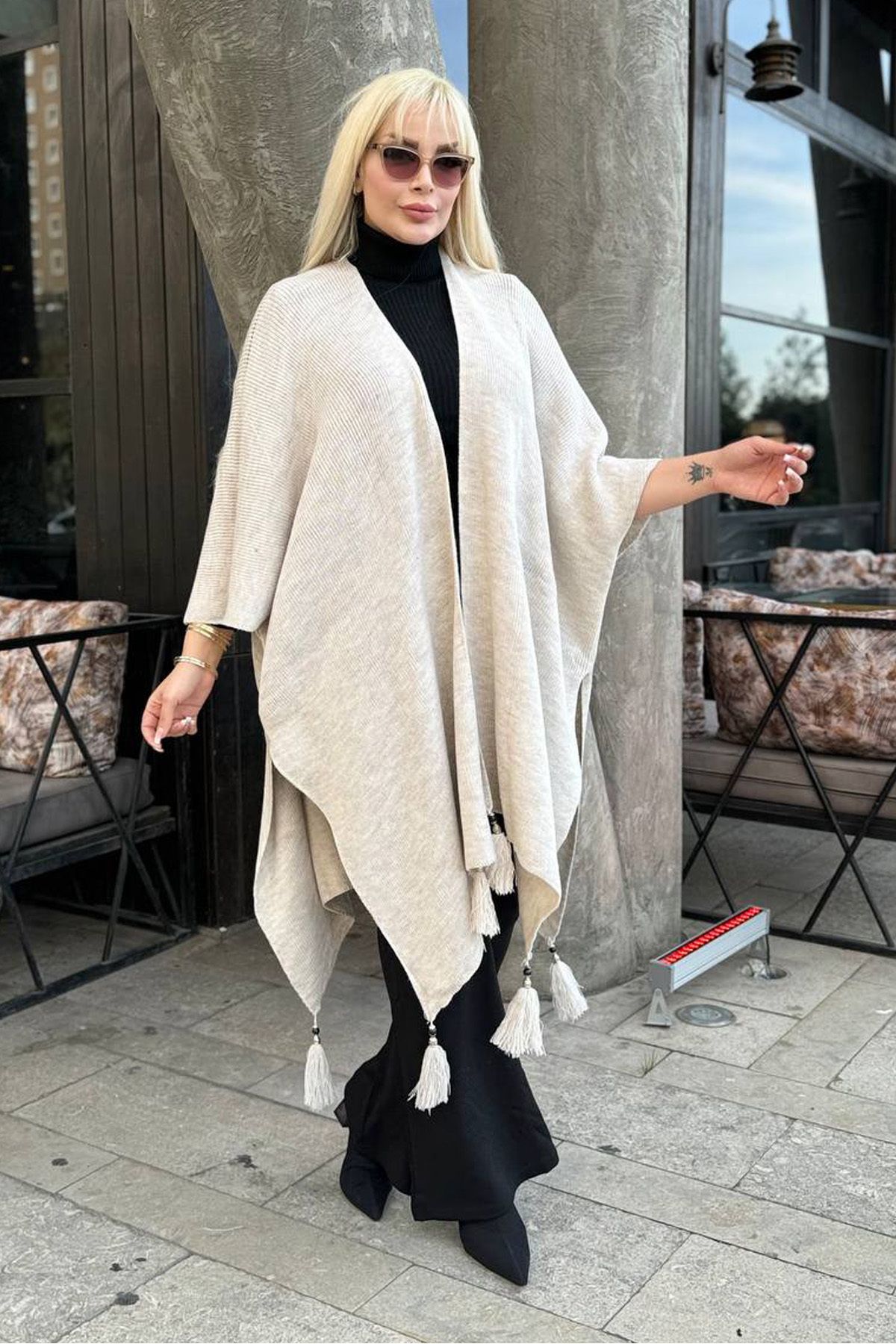 RURIS-Women's Beige Tasseled Knitwear Plus Size Poncho 2