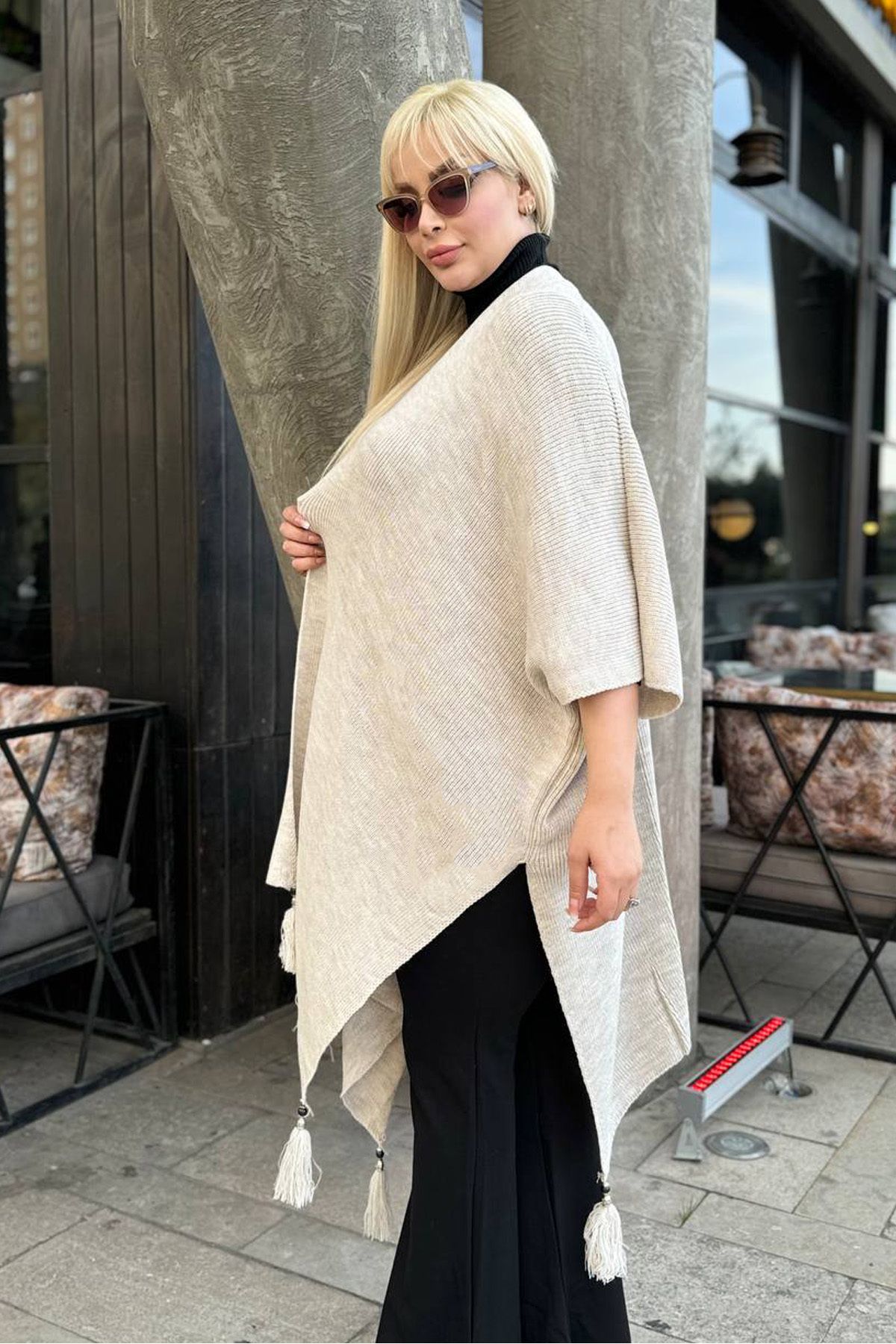 RURIS-Women's Beige Tasseled Knitwear Plus Size Poncho 7