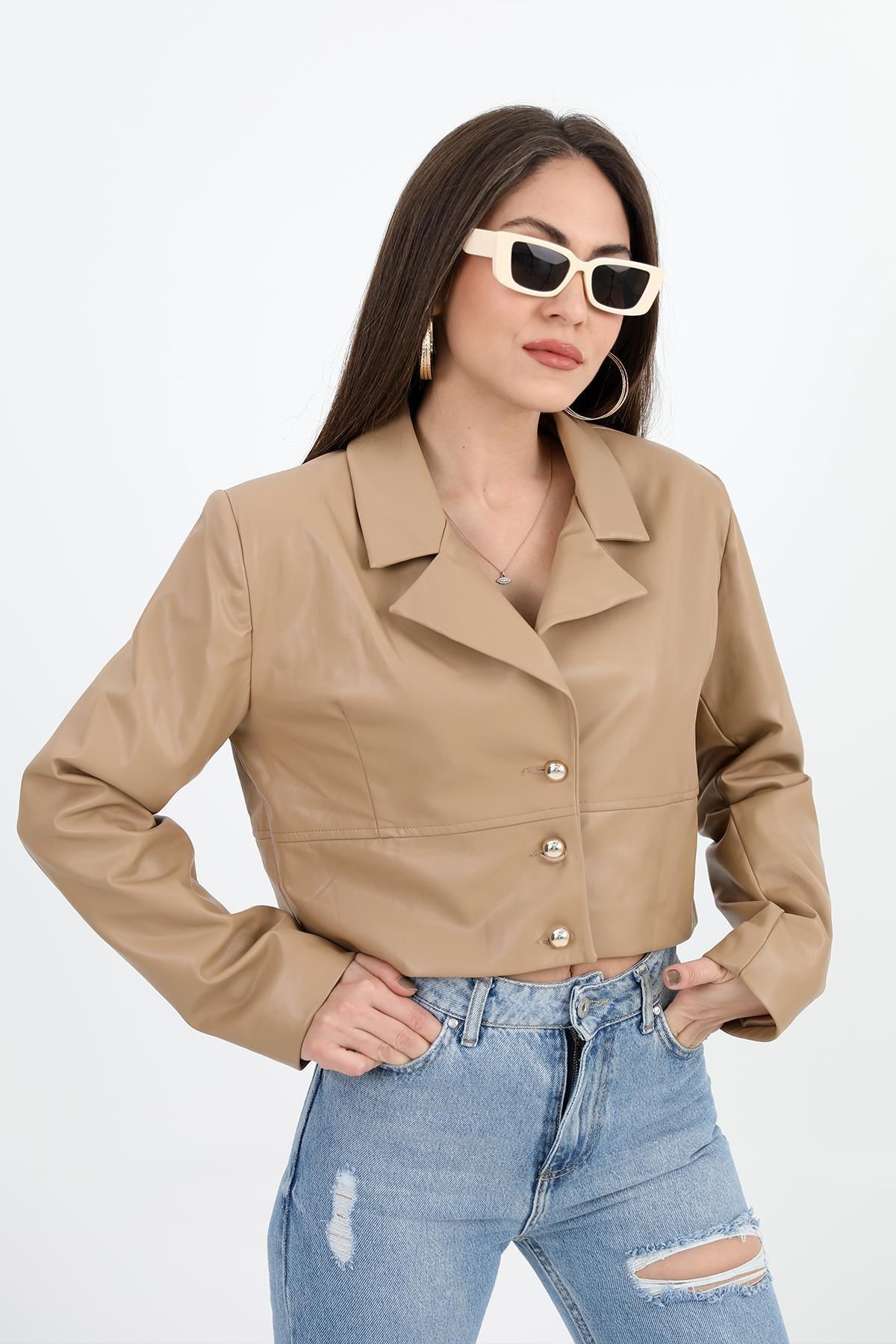VAPUR TEKSTİL-Camel Colored Short Leather Jacket - Double Breasted Collar and Wadding Detail 2