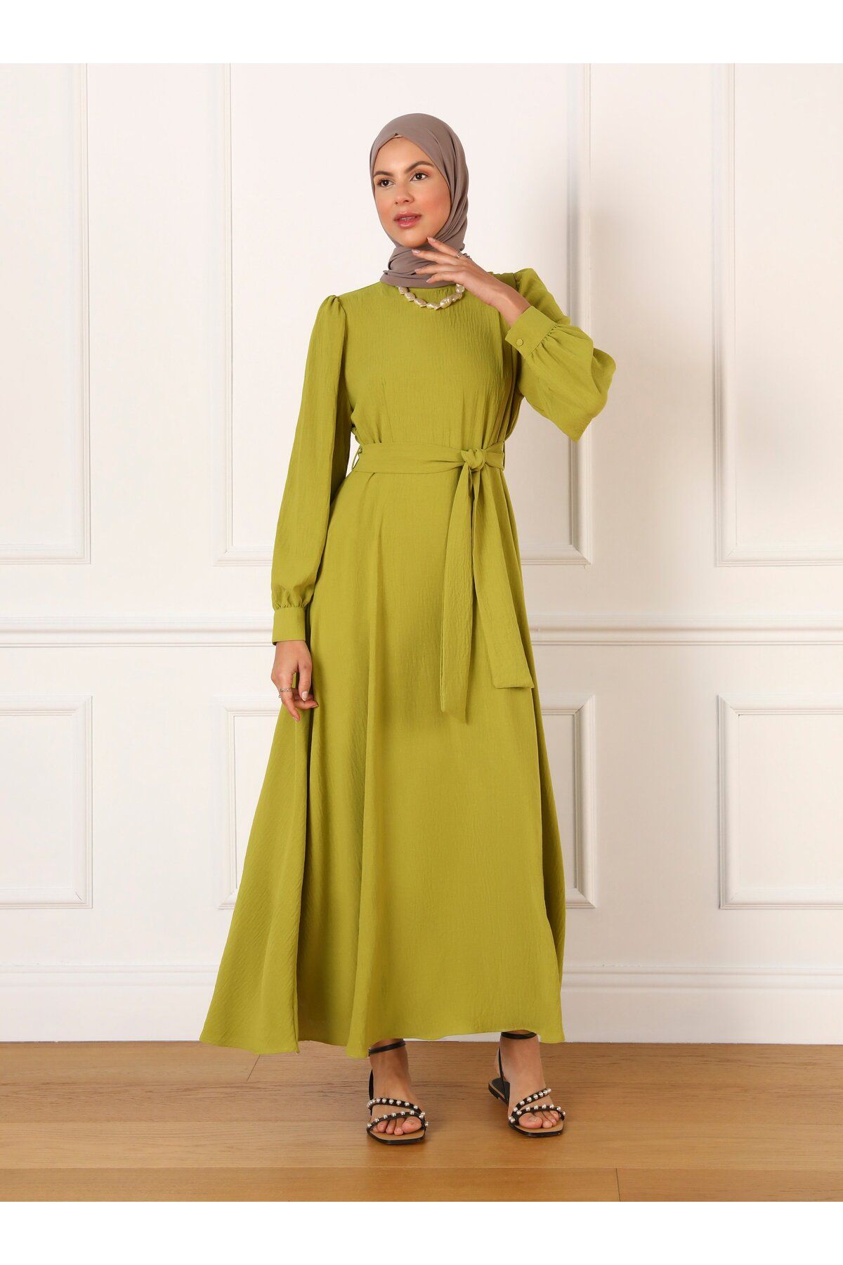 Refka-Aerobin Belted Mevlana Hijab Dress - Oil Green - Refka 3