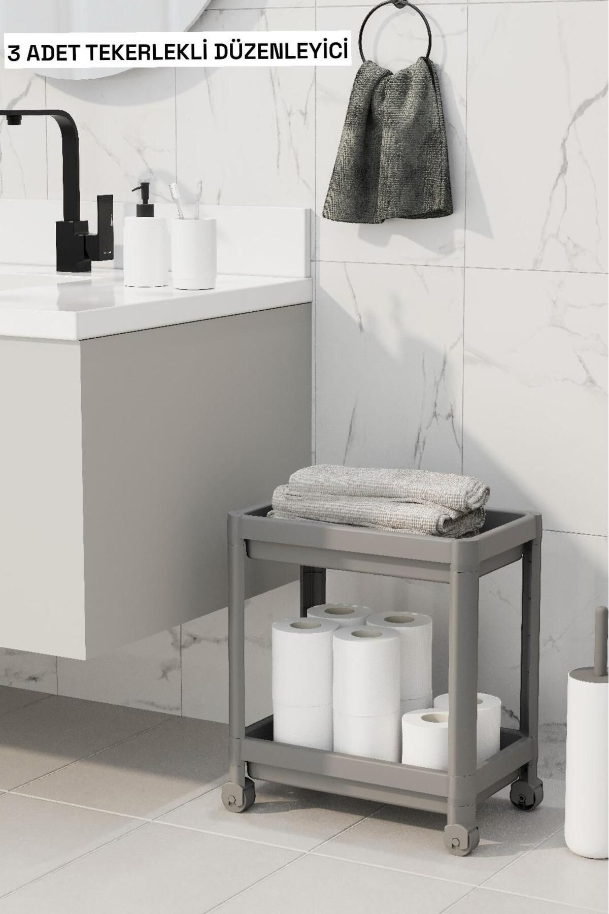 teknotrust 3'lü Gri Çok Katlı Tekerlekli Mutfak ve Banyo Düzenleyici