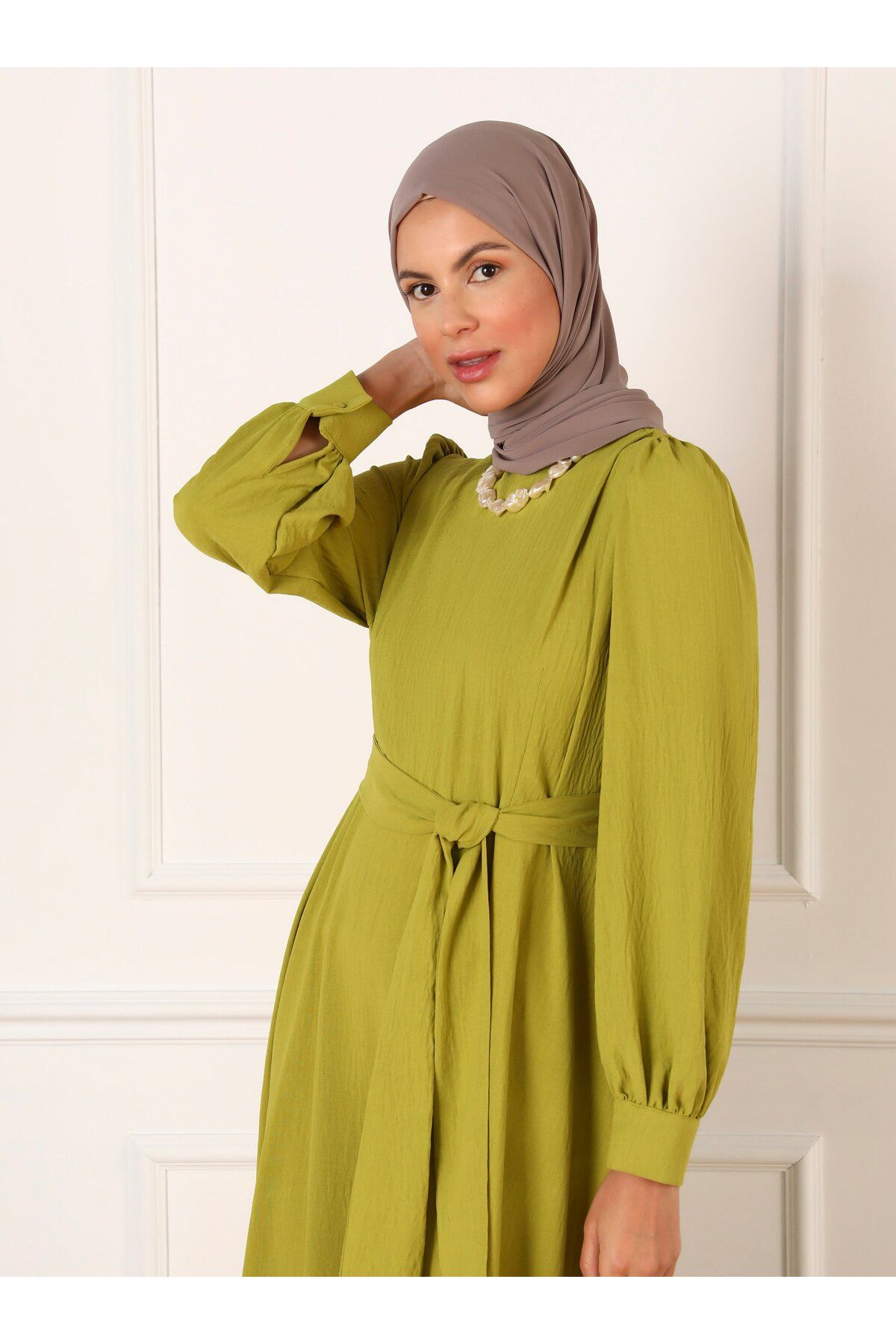 Refka-Aerobin Belted Mevlana Hijab Dress - Oil Green - Refka 2