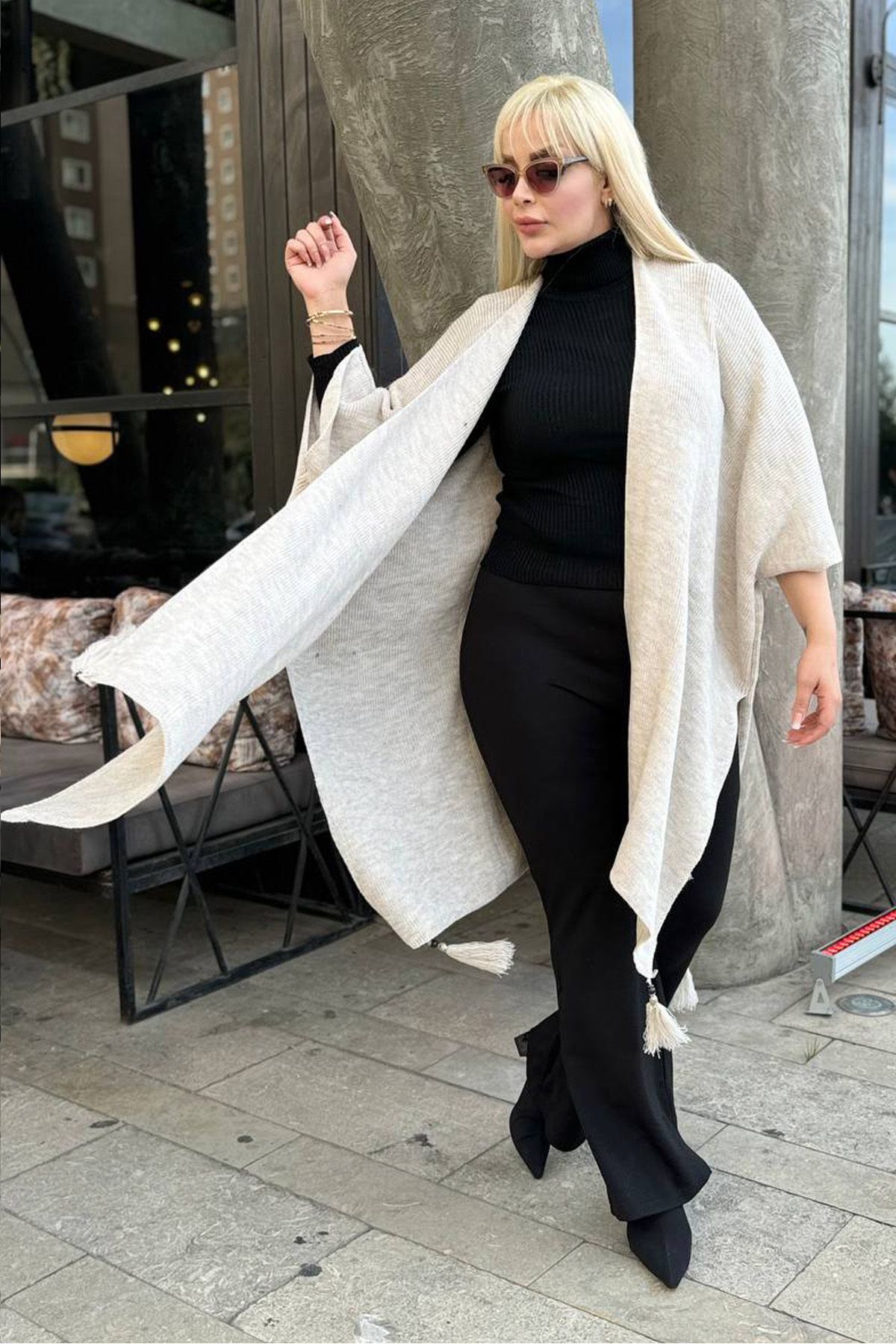 RURIS-Women's Beige Tasseled Knitwear Plus Size Poncho 3