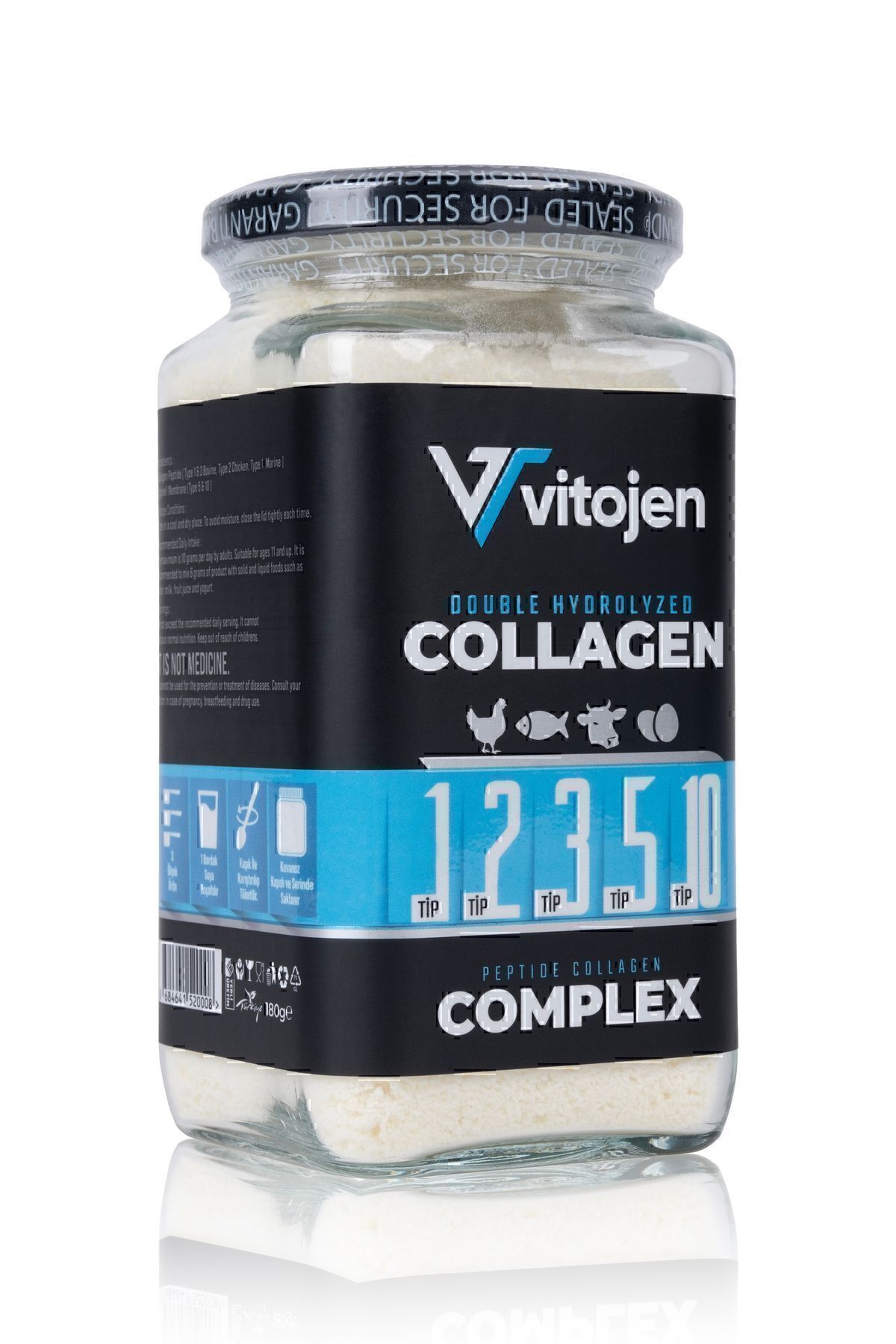 Vitojen Complex Kolajen Tavuk Balık Sığır Yumurta Cam Kavanoz (5 TİP) (%100 SAF KATKISIZ ÇİFT HİDROLİZE)