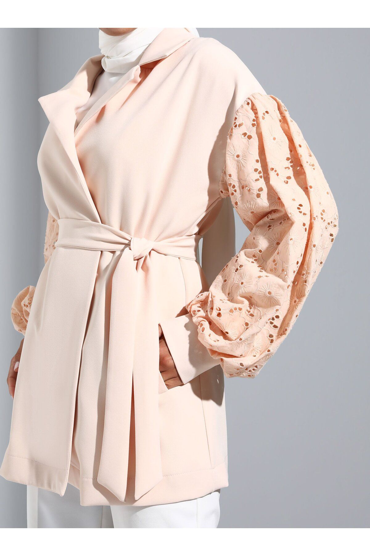 Refka-Belted Jacket with Balloon Sleeve Brode Detail - Beige - 5