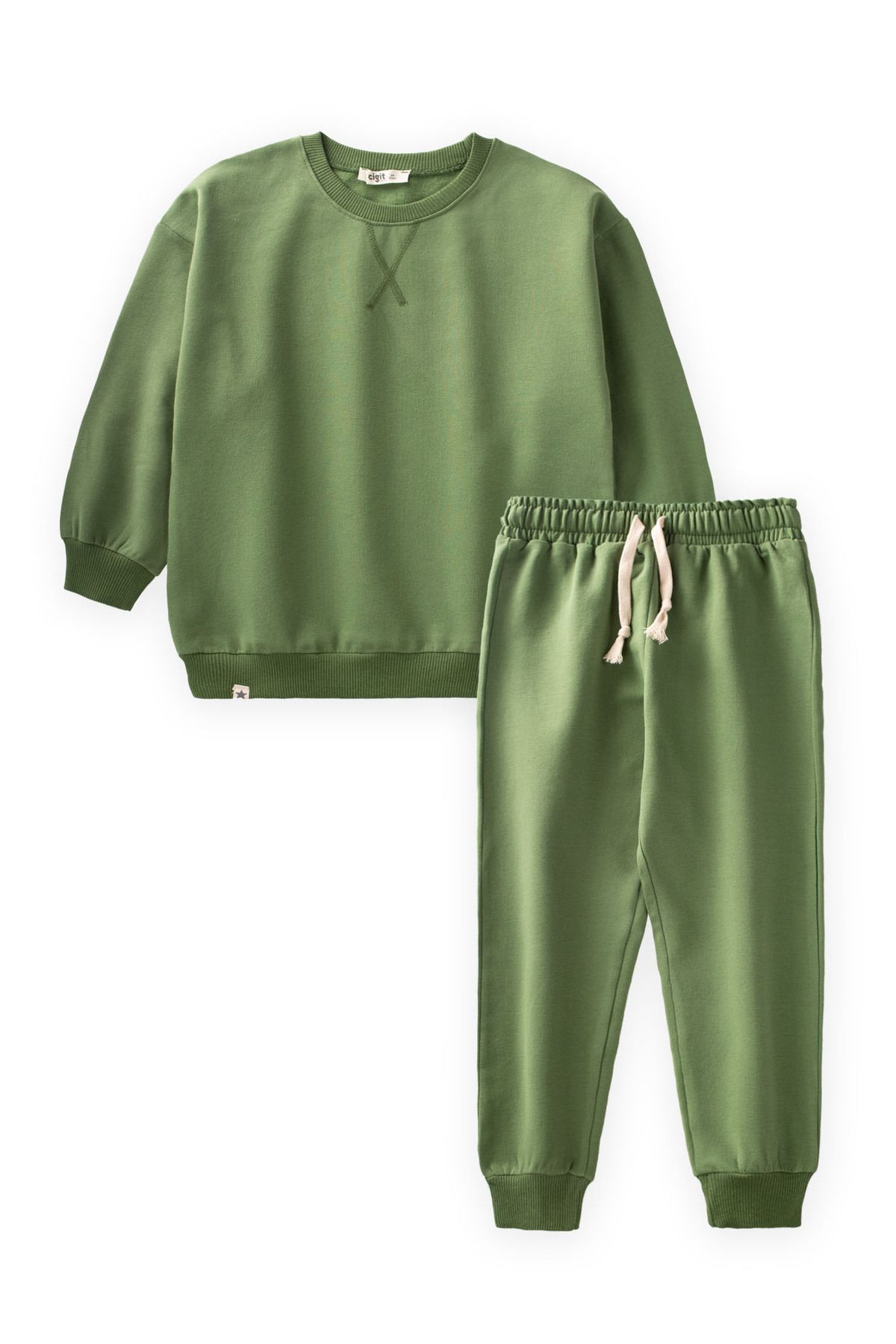 Cigit-Basic Karyoka Detailed Sweatshirt Set 3-8 Years Old Fat Green 1