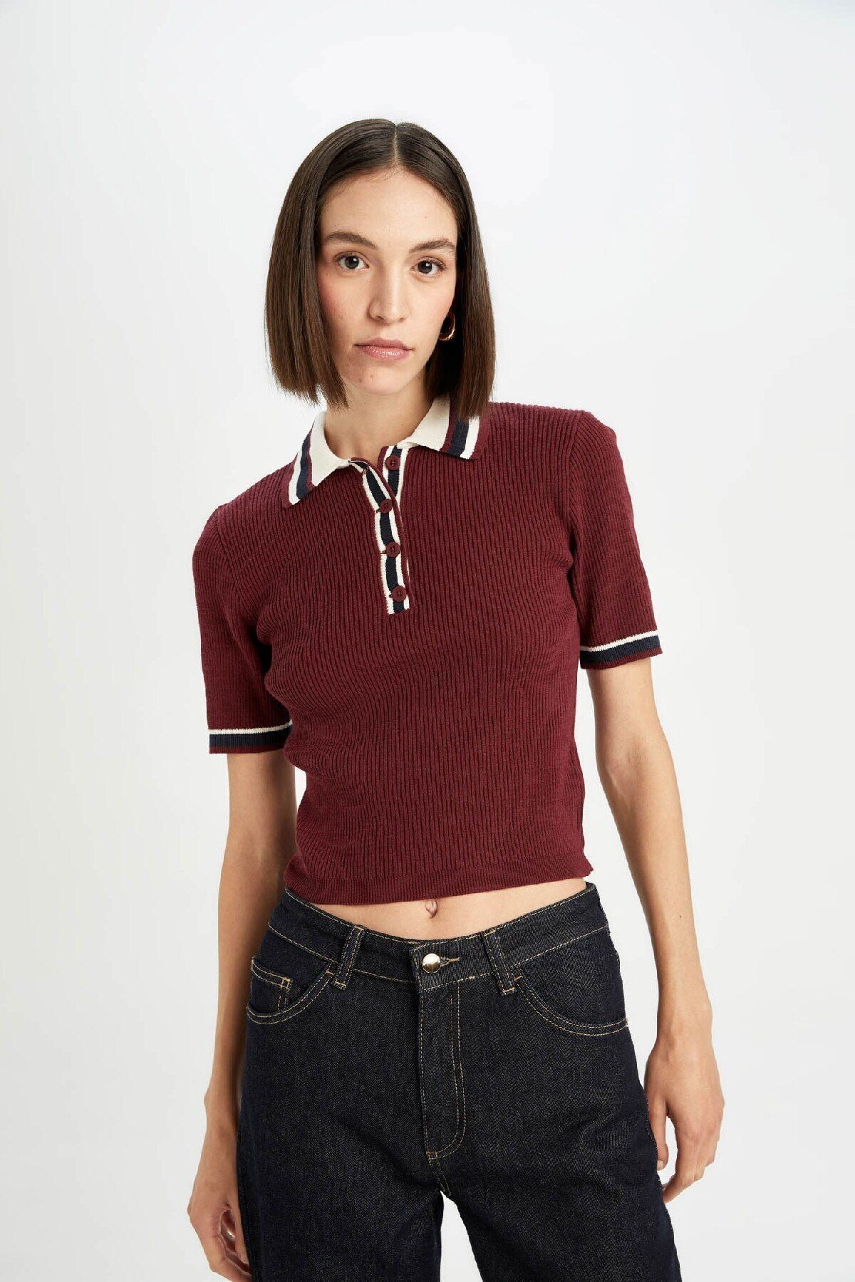 DeFacto-Burgundy Polo Neck Knitwear Sweater - Regular Fit, Short Sleeve Button D4233Ax24Au 3