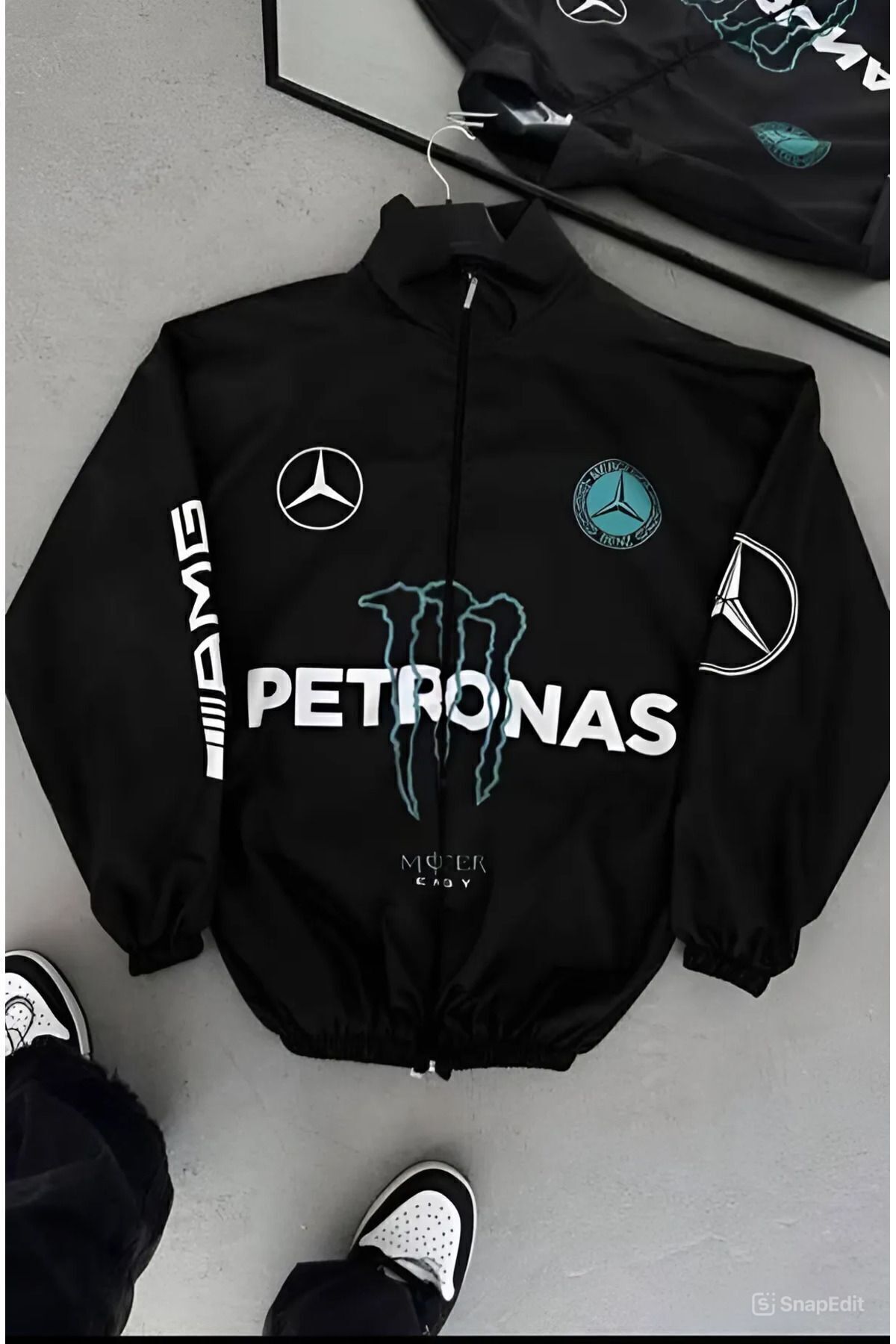 Lushen Mercedes Unisex Paraşüt Kumaş Oversize Dijital Baskılı Siyah Rüzgarlık Yağmurluk İnce Ceket görsel 3