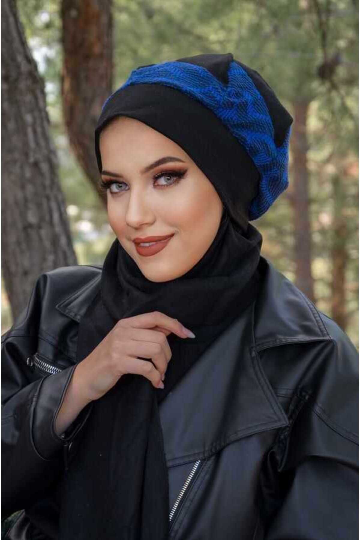 Aişe tesettür-Black Blue Garnished Hijab Beanie 2