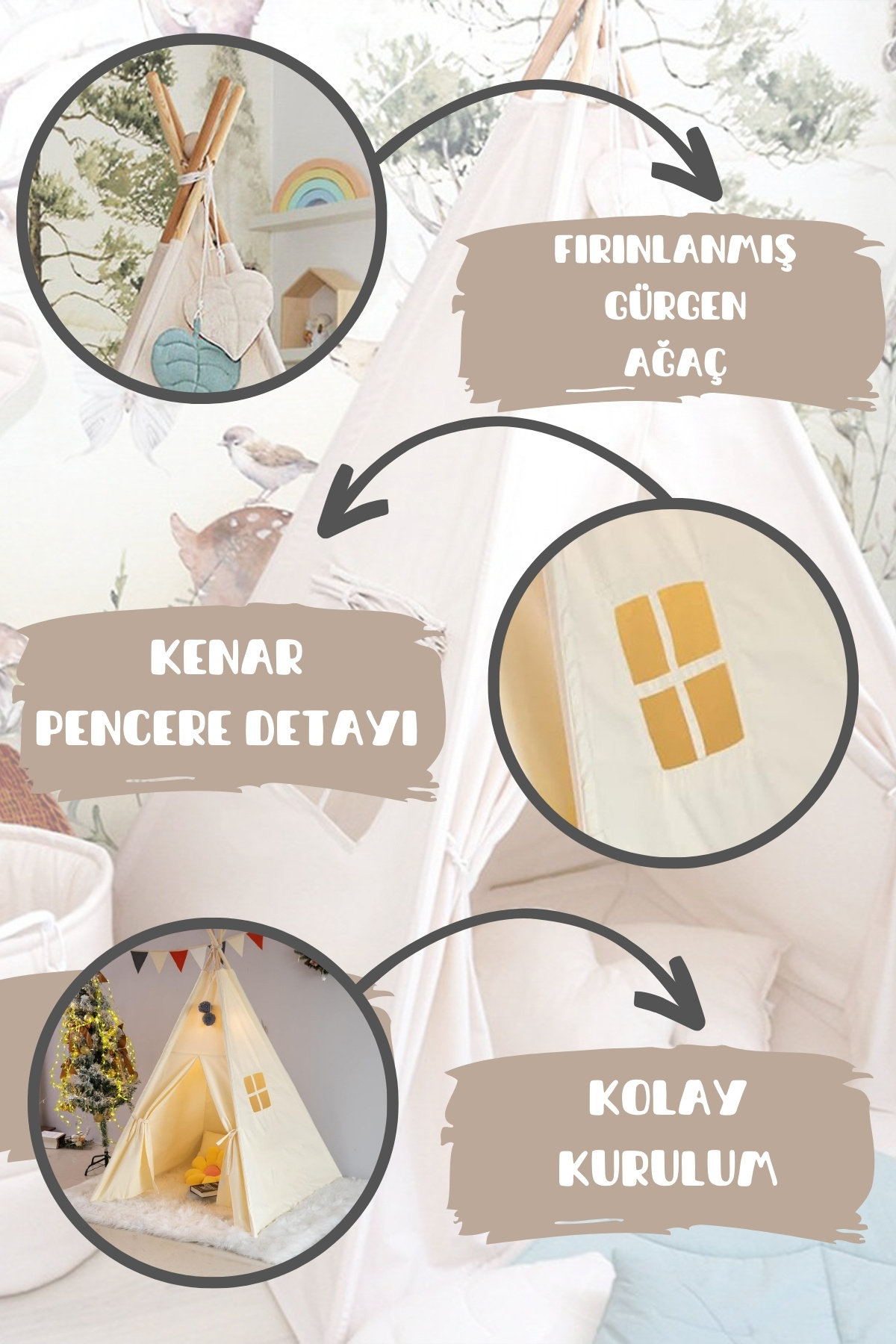 IRK Çocuk Minderli Ev & Bahçe Oyun Alanı Kızılderili Ahşap Direkli Geniş Oyun Çadırı fotoğrafı 2 (önizleme)