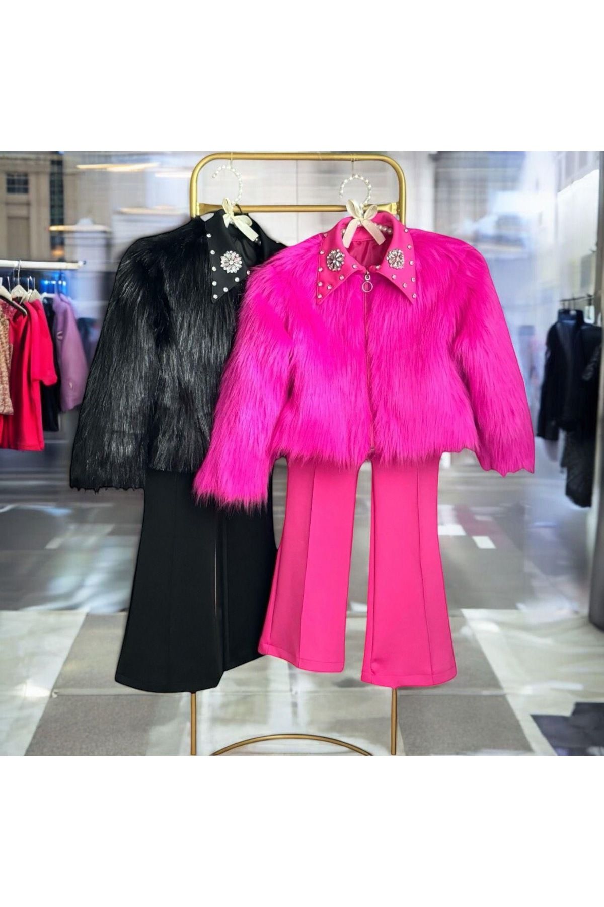 Kids-Girl's Rhinestoned Fur Coat and Trousers 5
