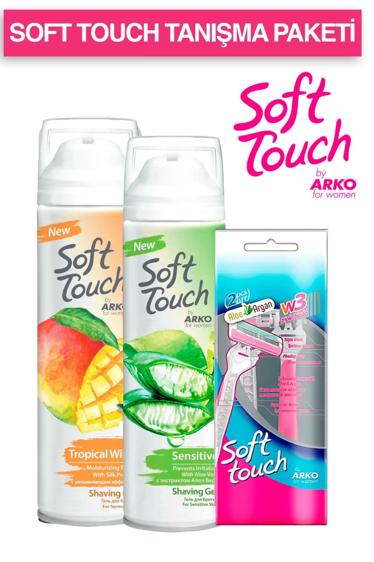 ARKO Soft Touch Kadın Tıraş Tanışma Paketi (Tropical Wind, Sensitive,Kadın Tıraş Bıçağı)